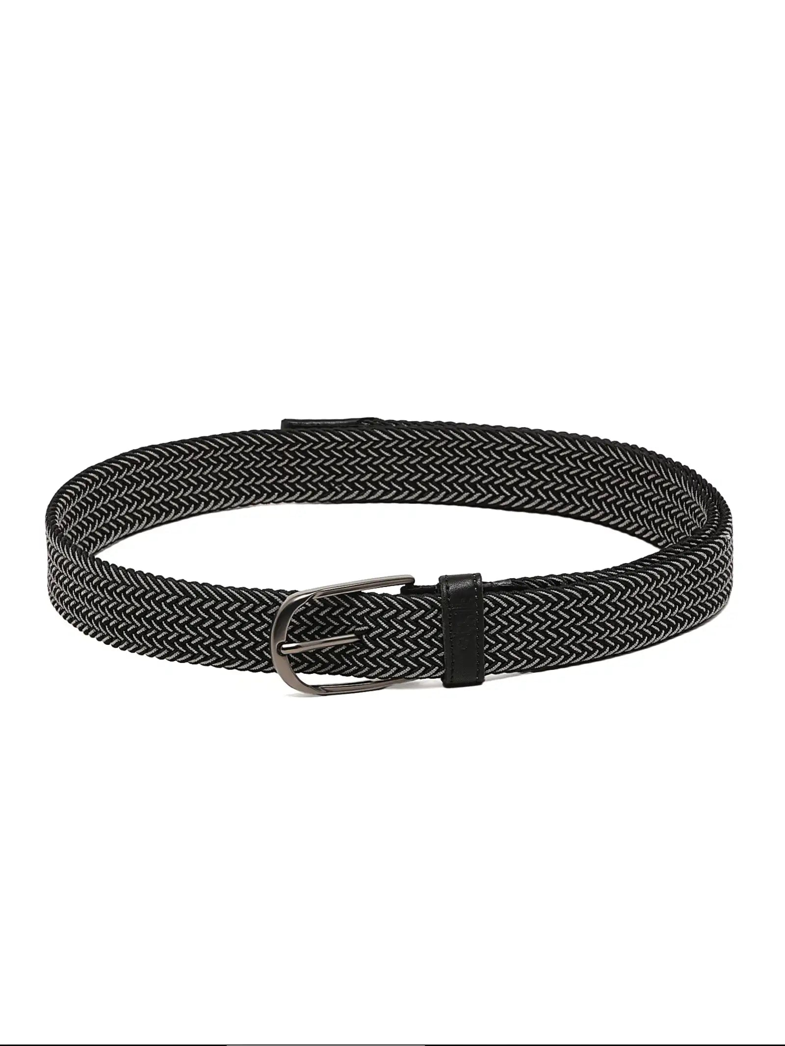 Black woven belt with a silver buckle on a white background