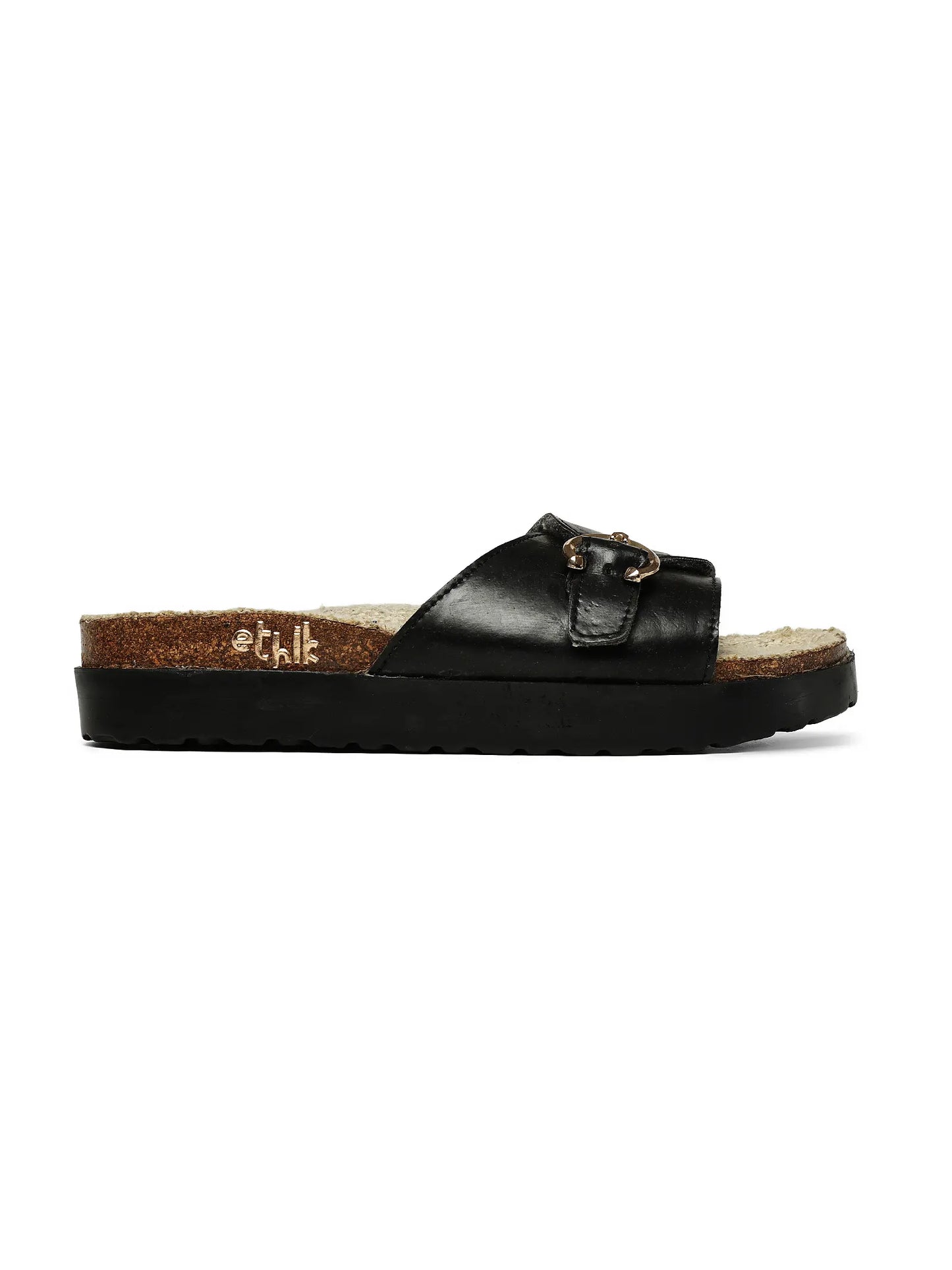 Black sandal with a strap on a white background