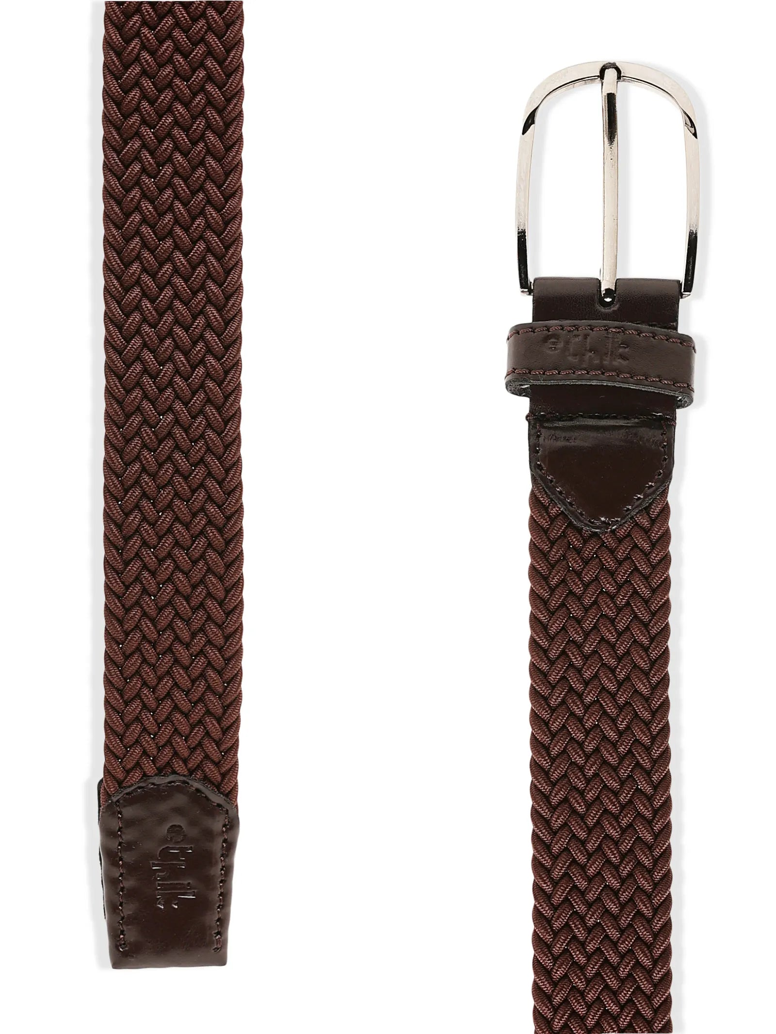 Brown woven belt with a silver buckle on a white background