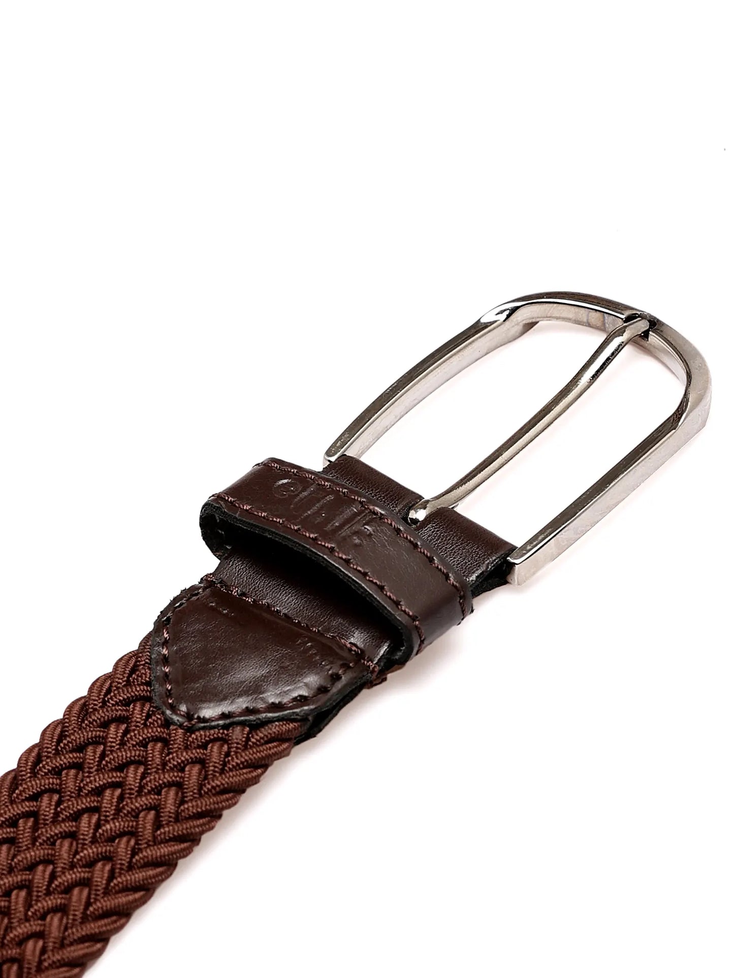 Brown woven belt with a silver buckle on a white background