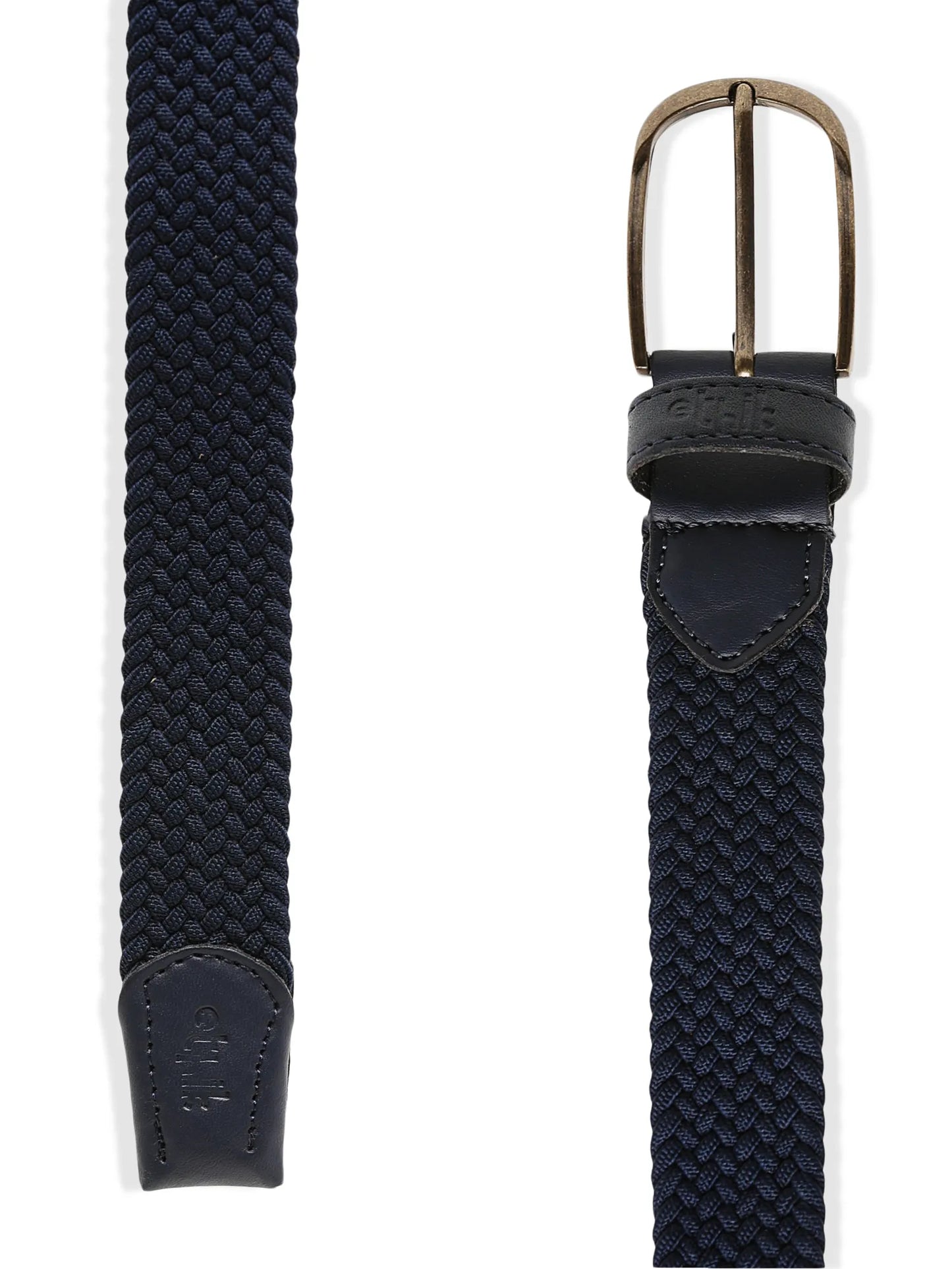 Navy blue woven belt with a brass buckle on a white background