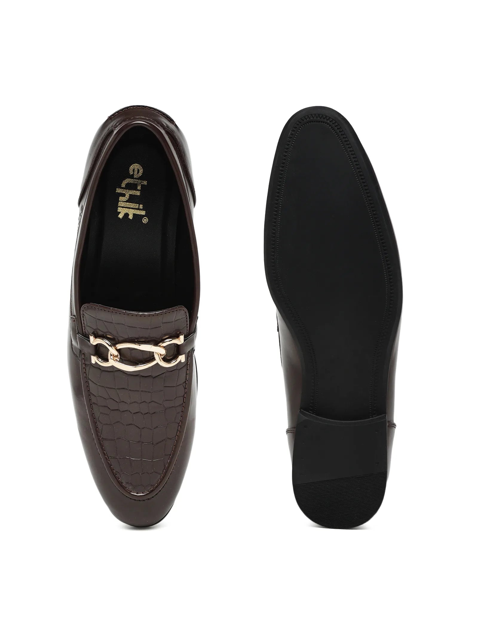 Brown loafers with gold chain detail on a white background