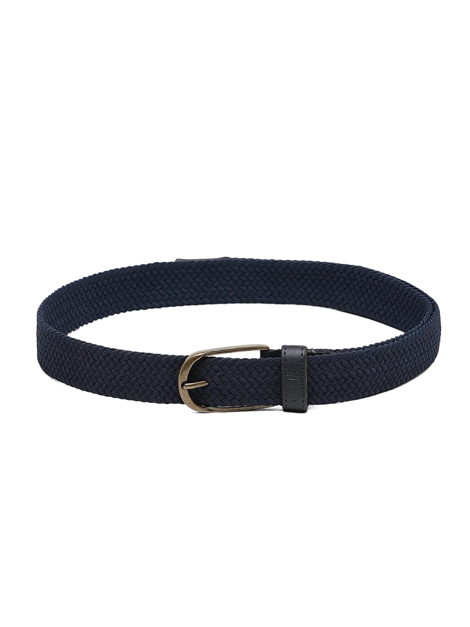 Navy blue belt with a gold buckle on a white background