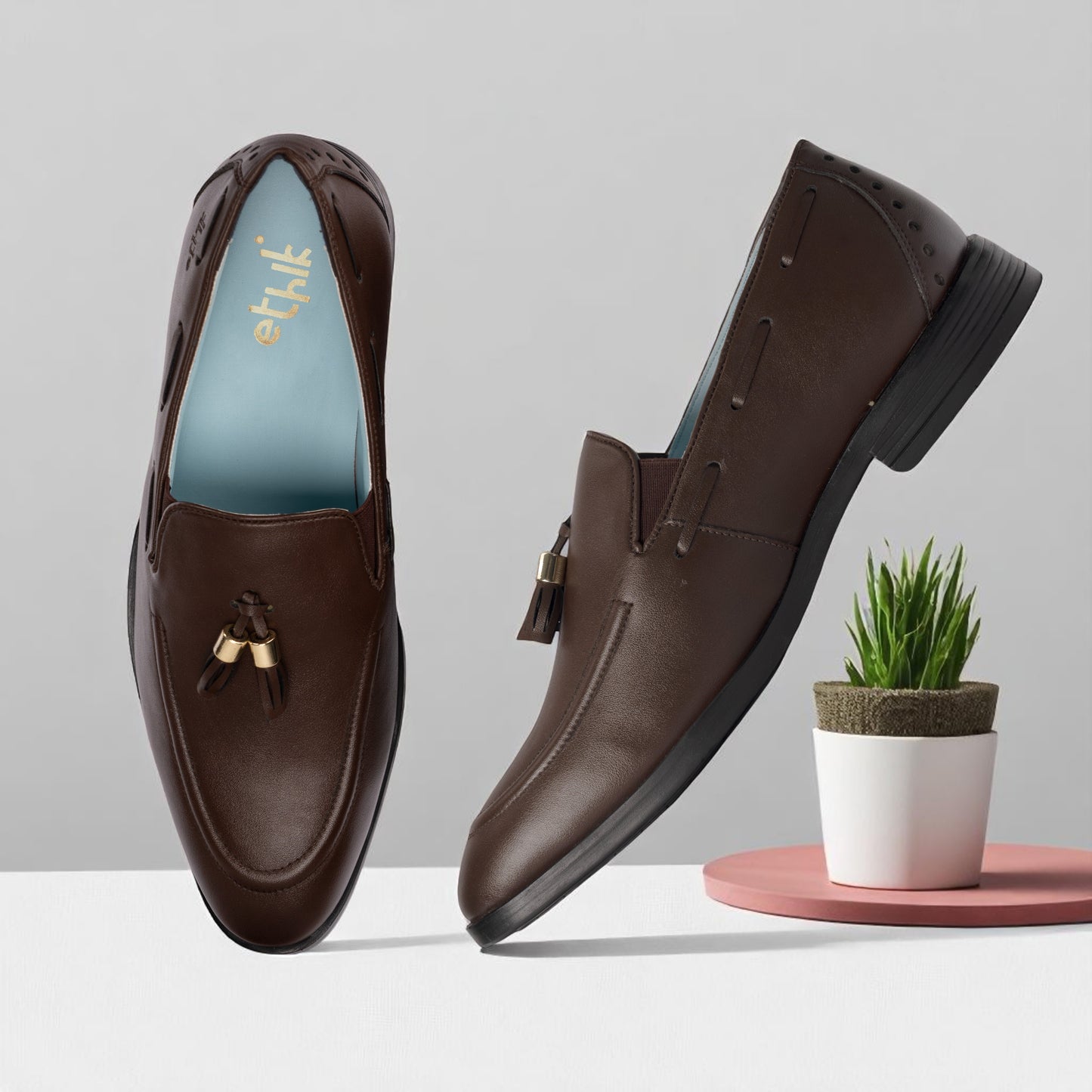 Brown loafers with a small plant on a white surface
