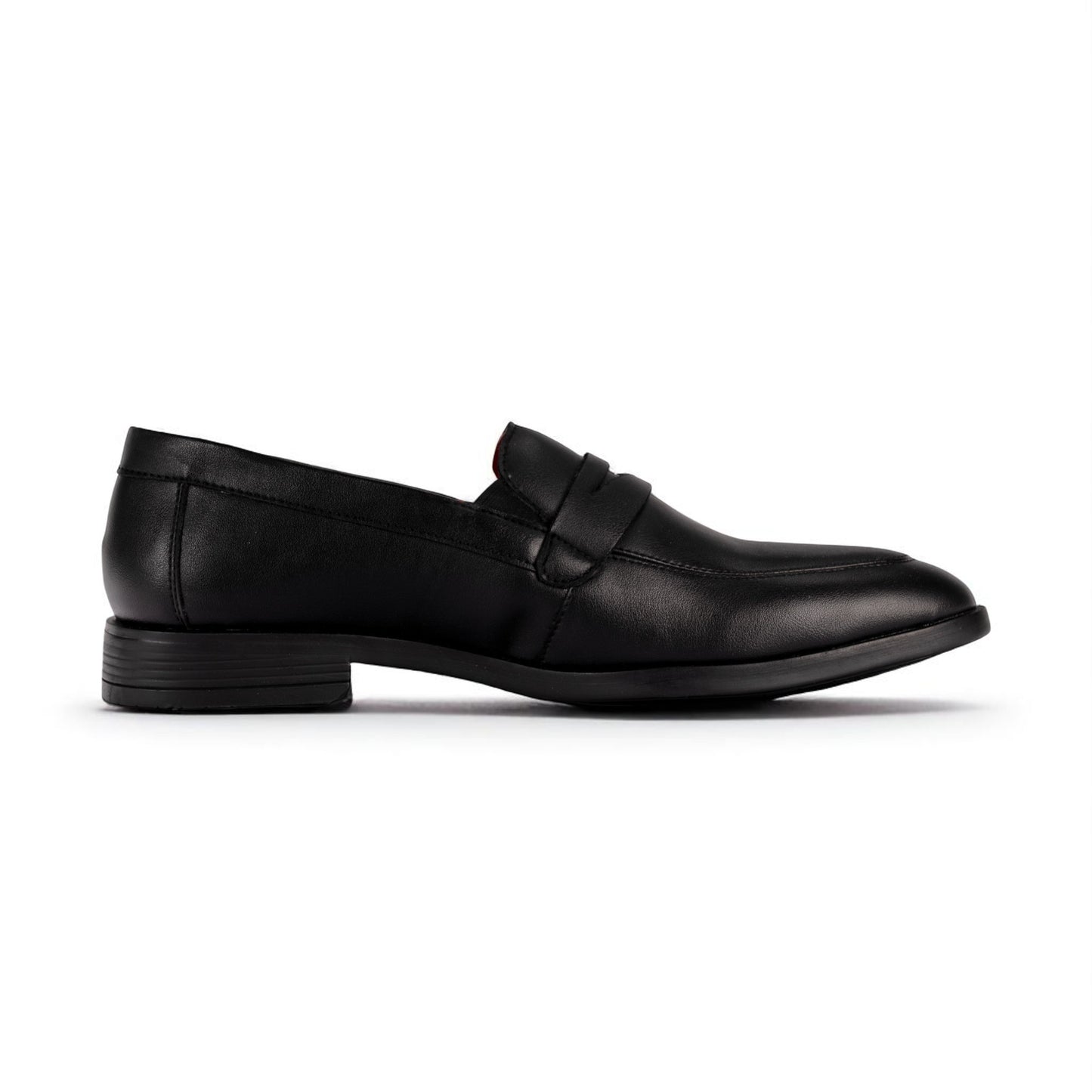 Black leather loafer shoe on a white background