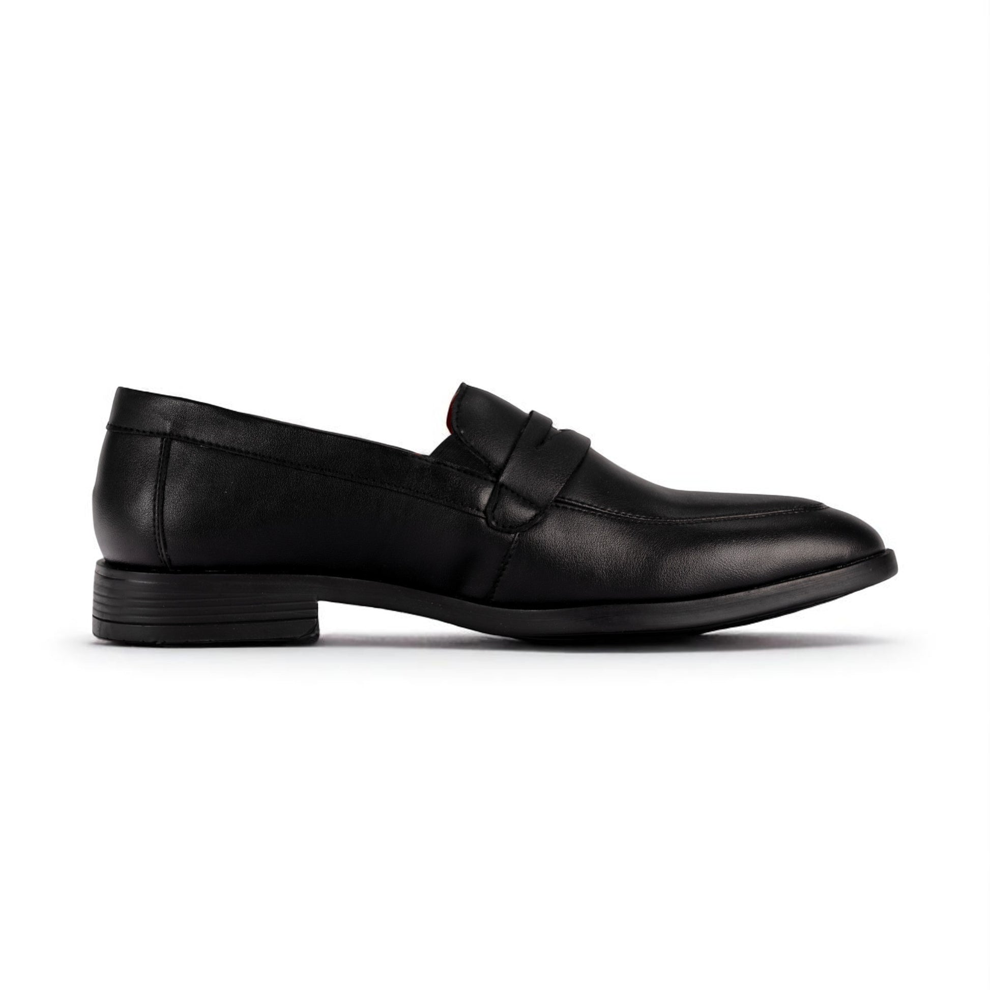 Black leather loafer shoe on a white background