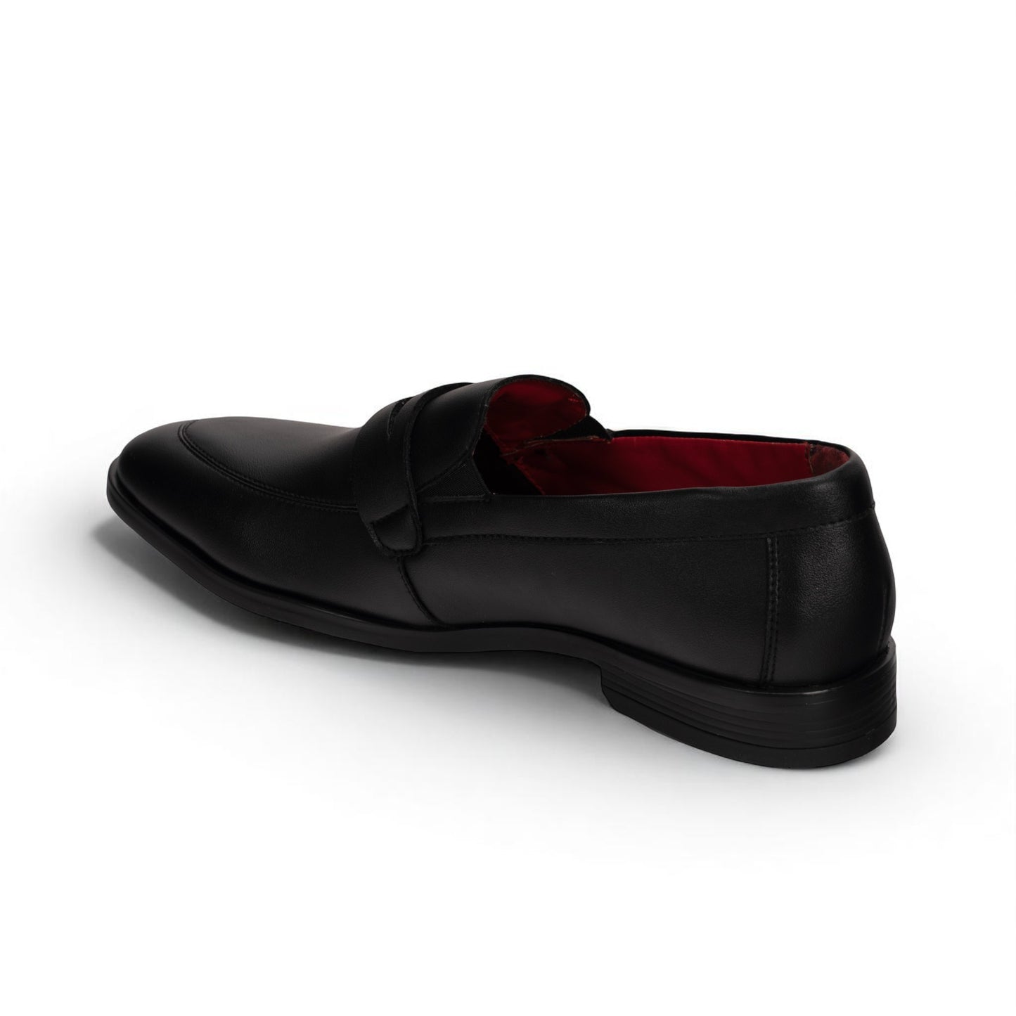 Black leather loafer shoe on a white background