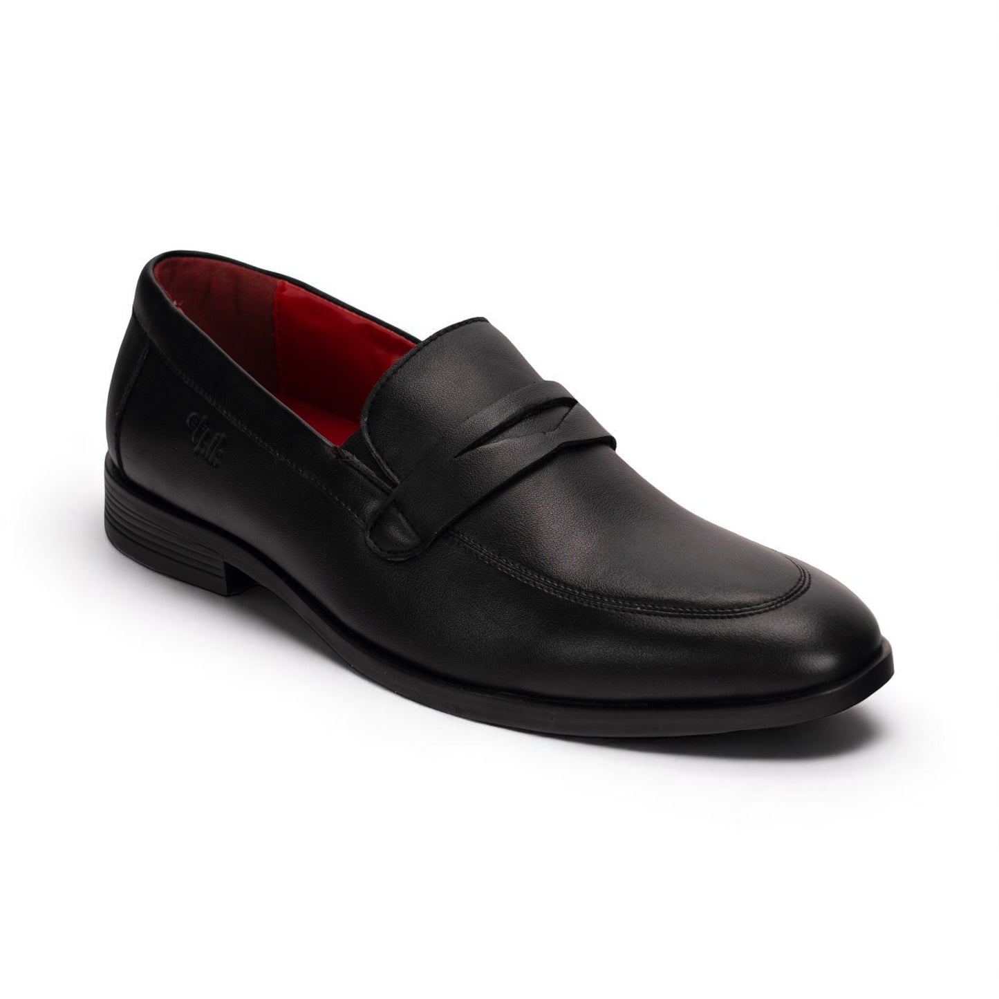Black leather loafer shoe on a white background