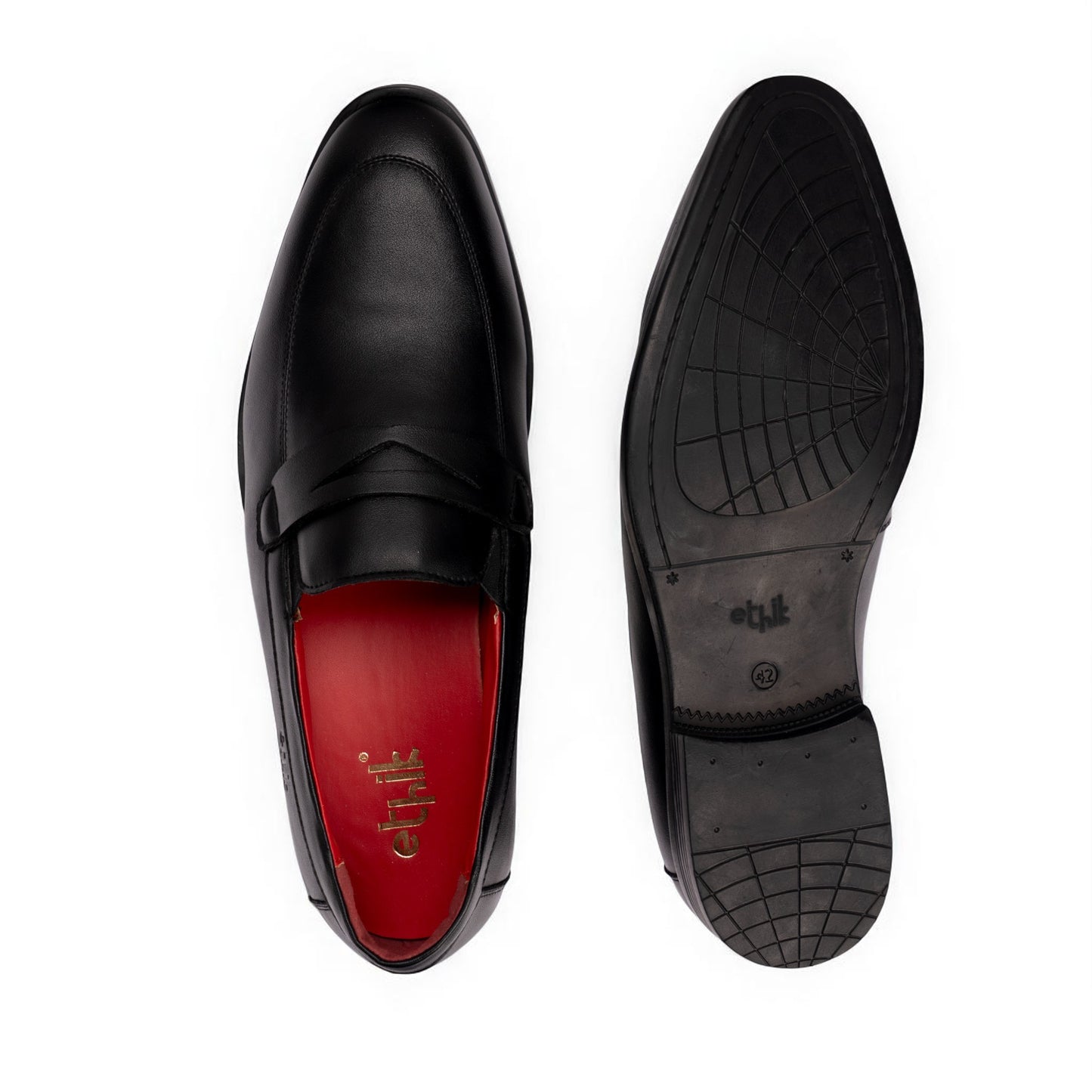 Black leather loafer shoe with red interior and visible brand logo on a white background