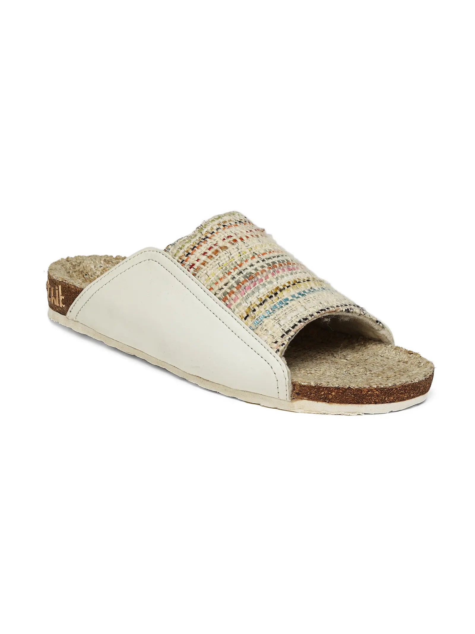 Beige sandal with multicolor pattern on a white background