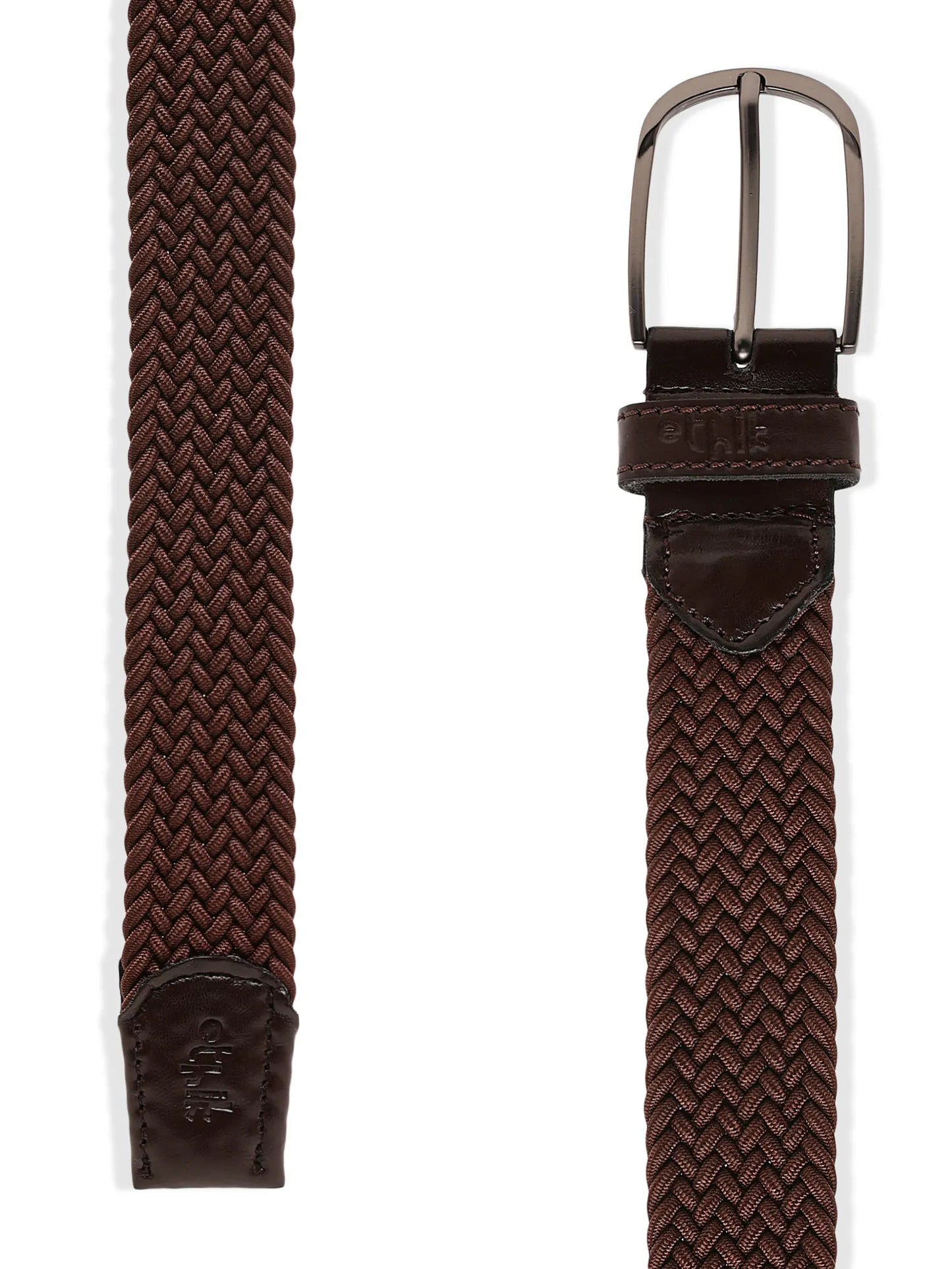 Brown woven belt with a silver buckle on a white background