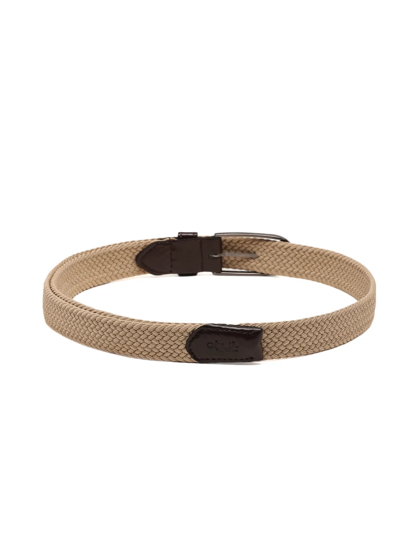 Beige woven belt with a black buckle on a white background