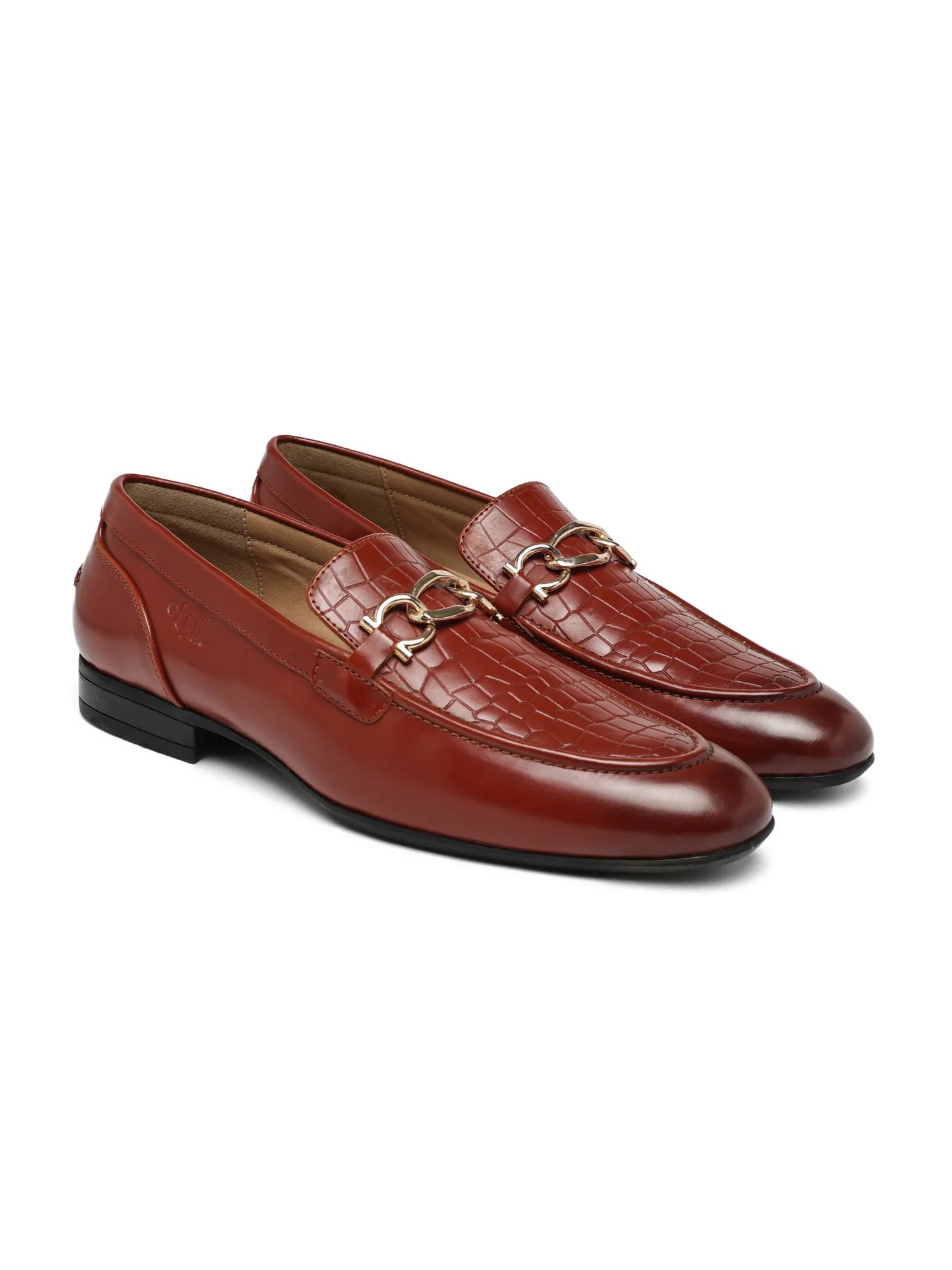 Pair of brown leather loafers with a gold buckle on a white background