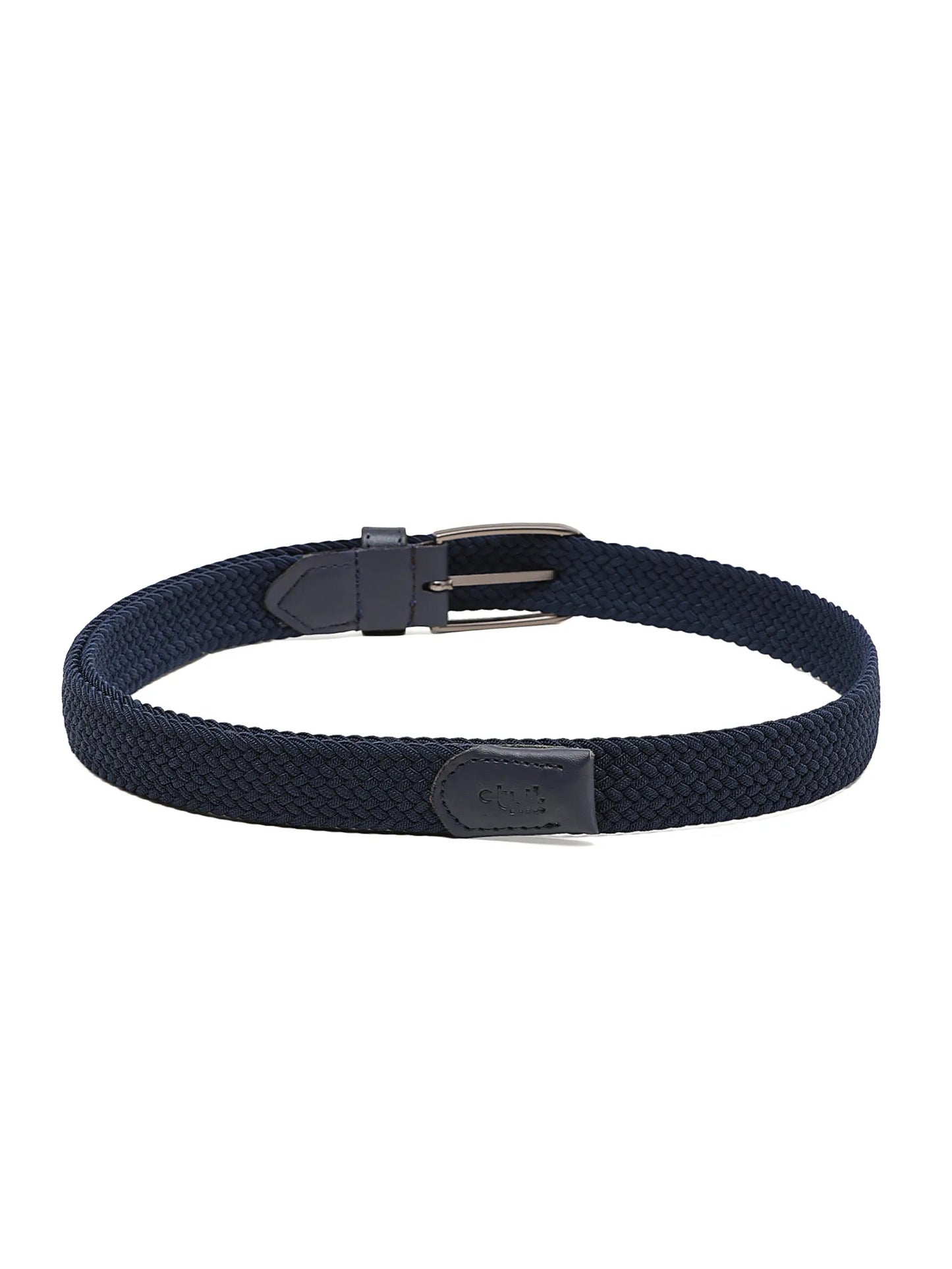 Navy blue belt with a silver buckle on a white background