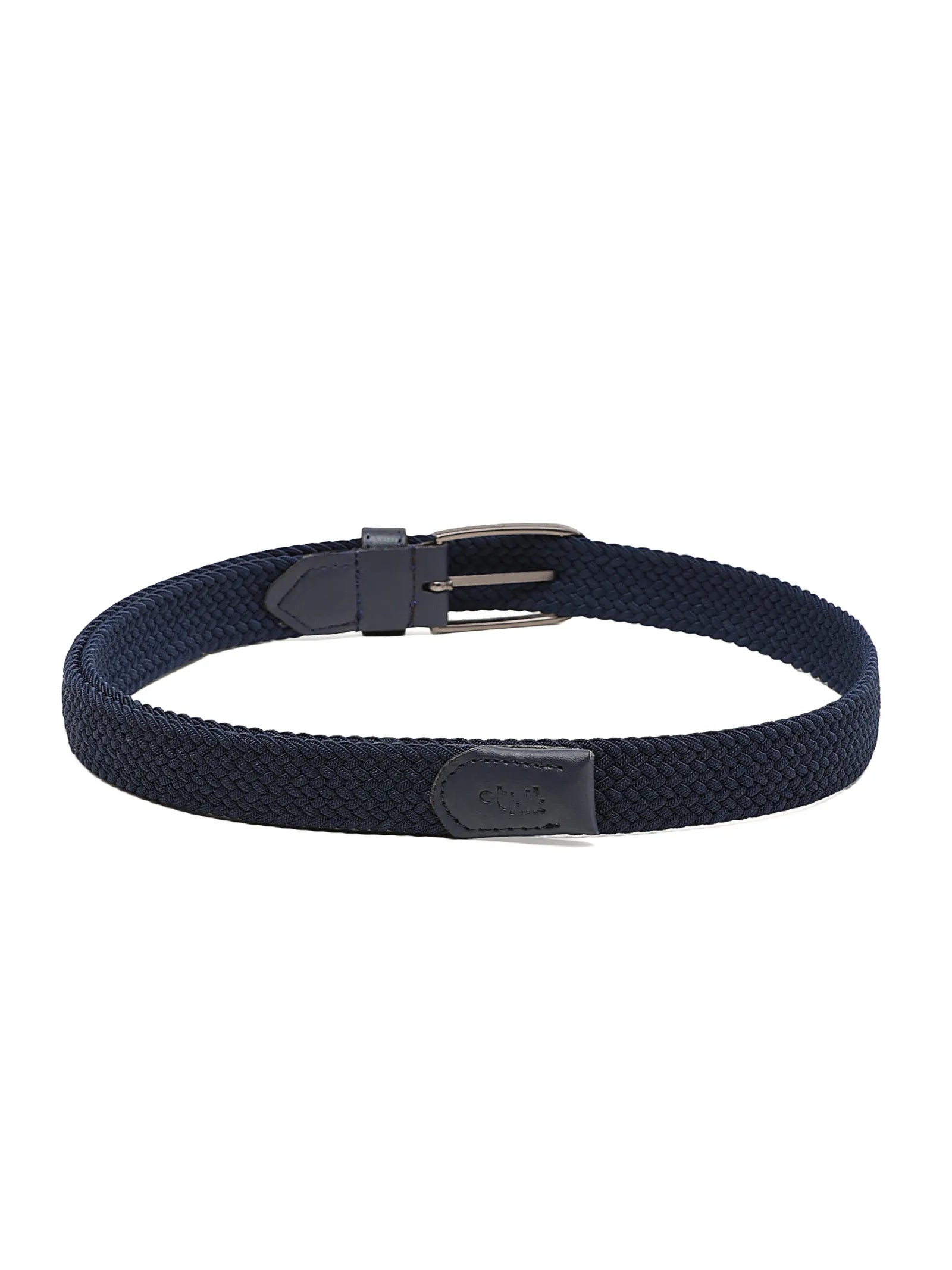 Navy blue belt with a silver buckle on a white background
