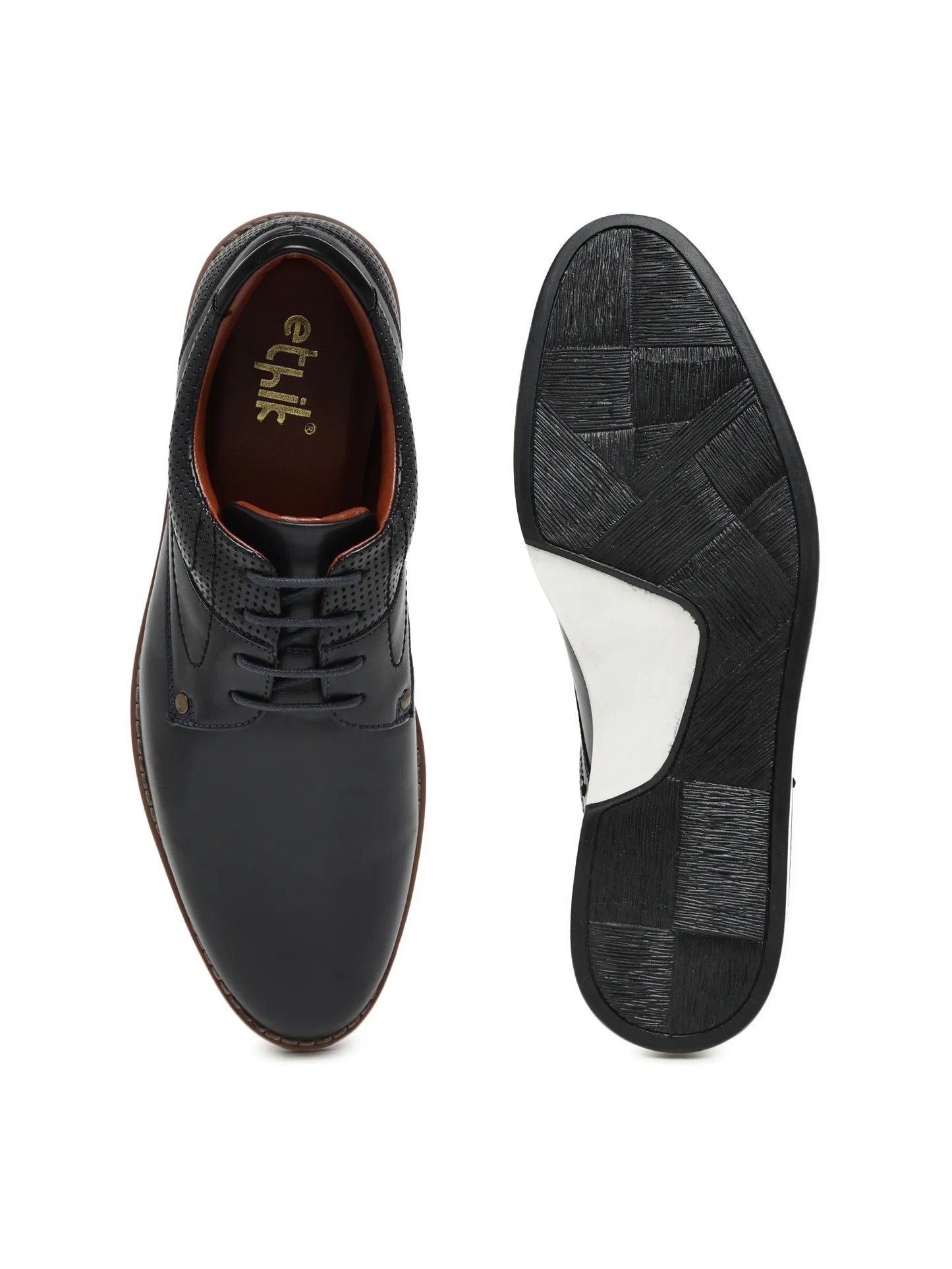 Black leather shoe with white sole on a white background