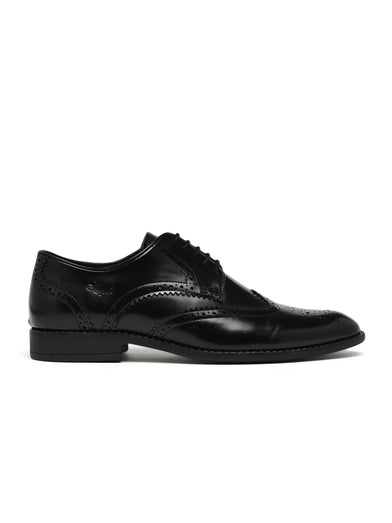 Black leather dress shoe on a white background