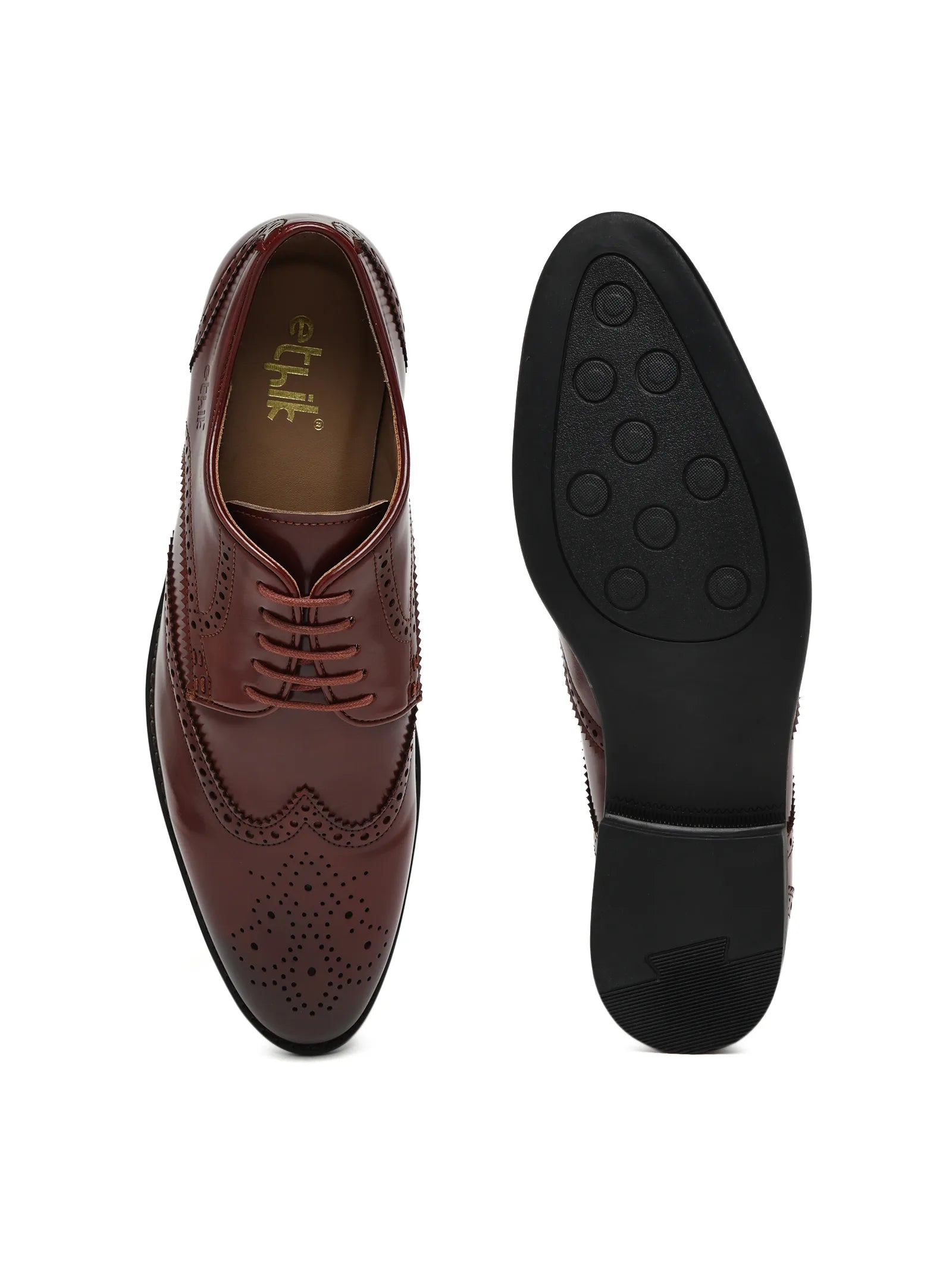 Brown leather shoe with a black sole on a white background