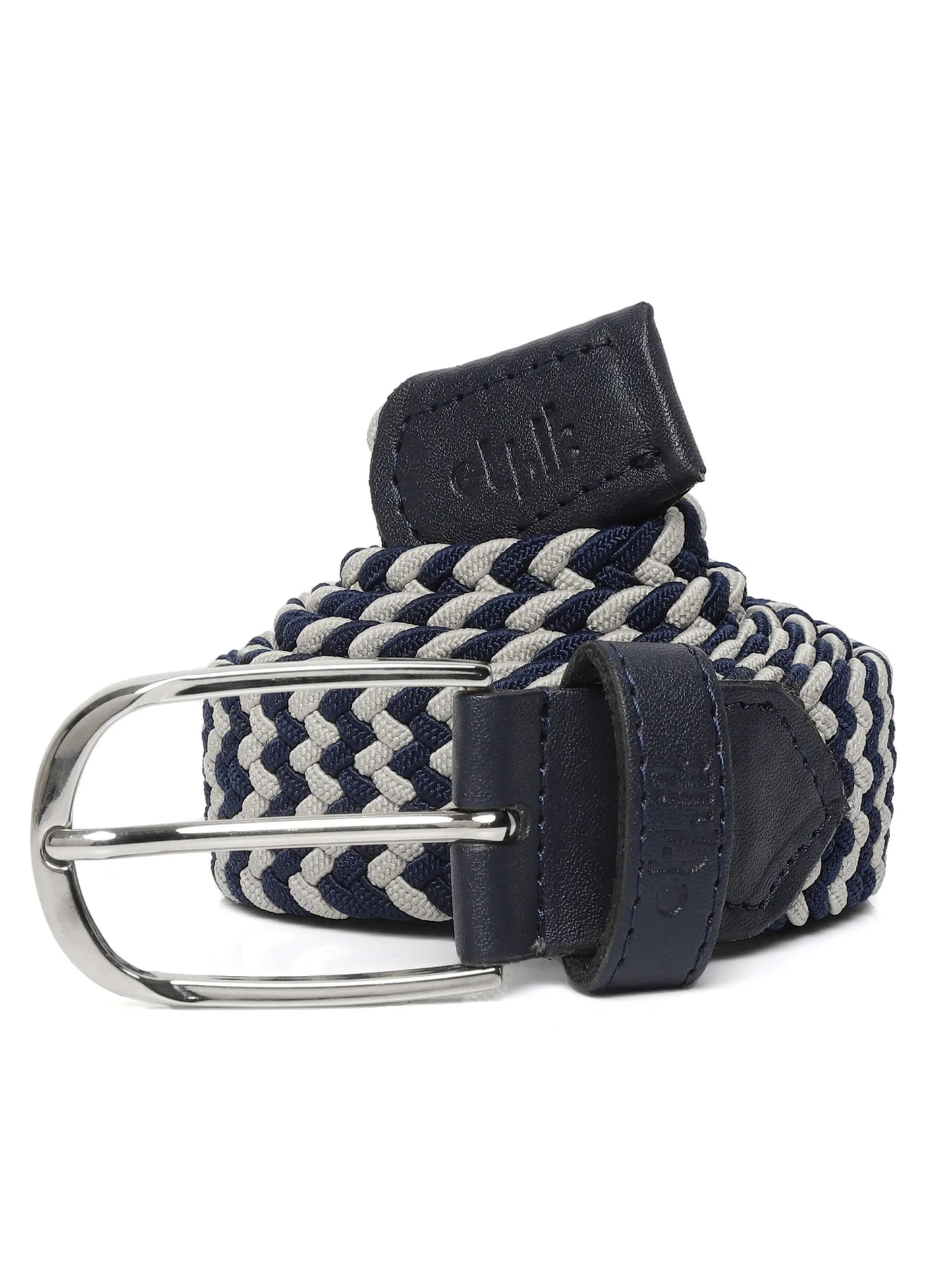 Navy and white striped woven belt with a silver buckle on a white background