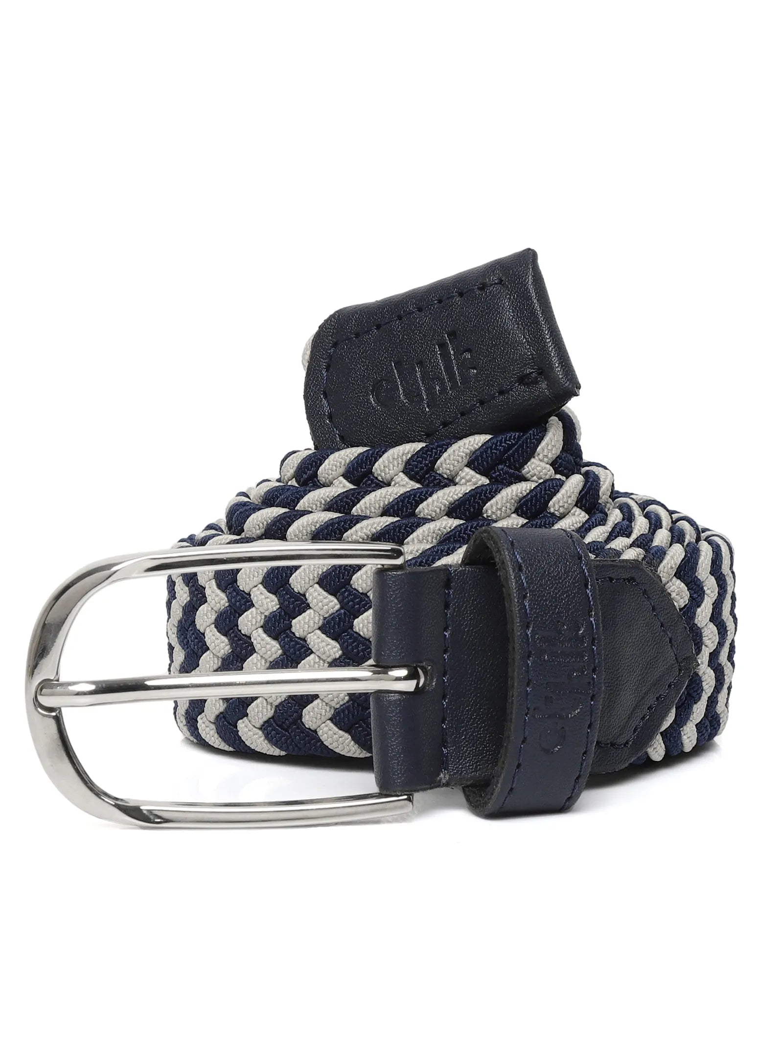 Navy and white striped woven belt with a silver buckle on a white background