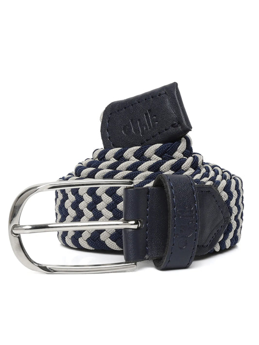 Navy and white striped woven belt with a silver buckle on a white background