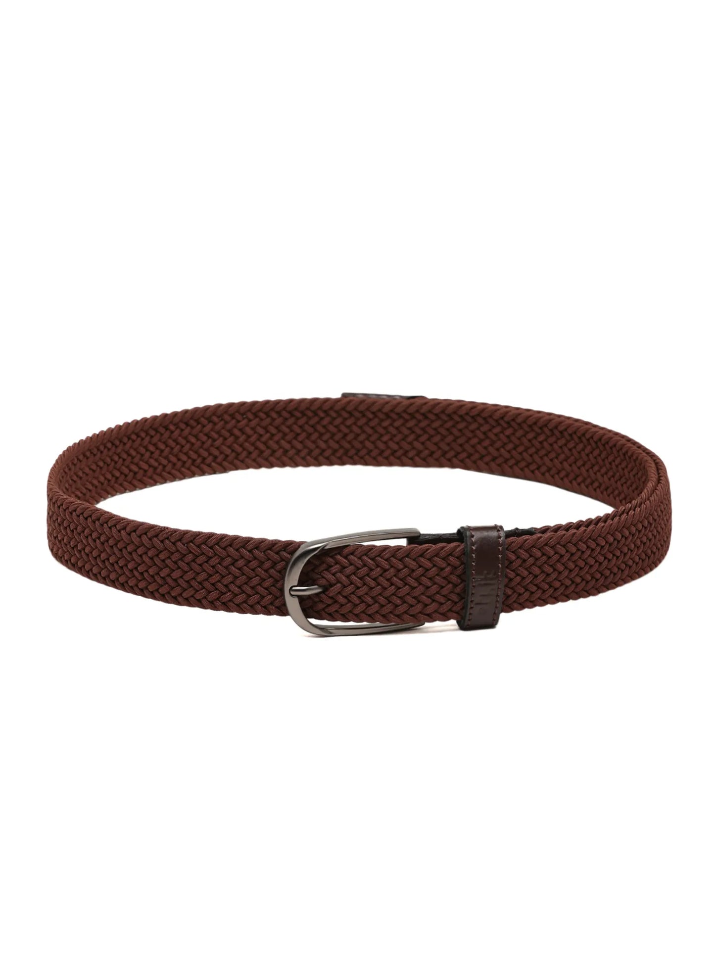 Brown braided belt with a silver buckle on a white background