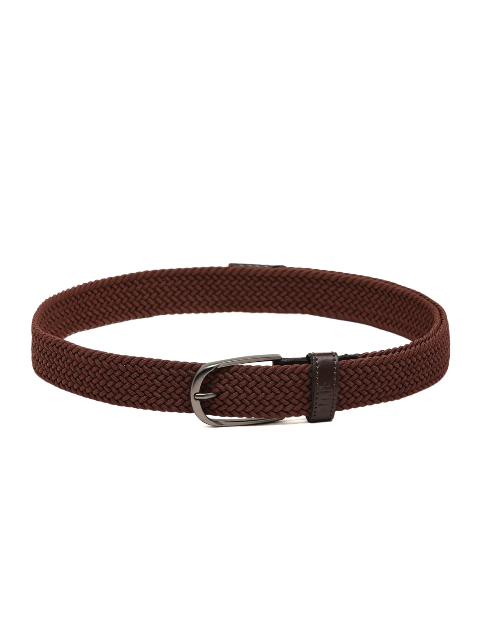Brown braided belt with a silver buckle on a white background