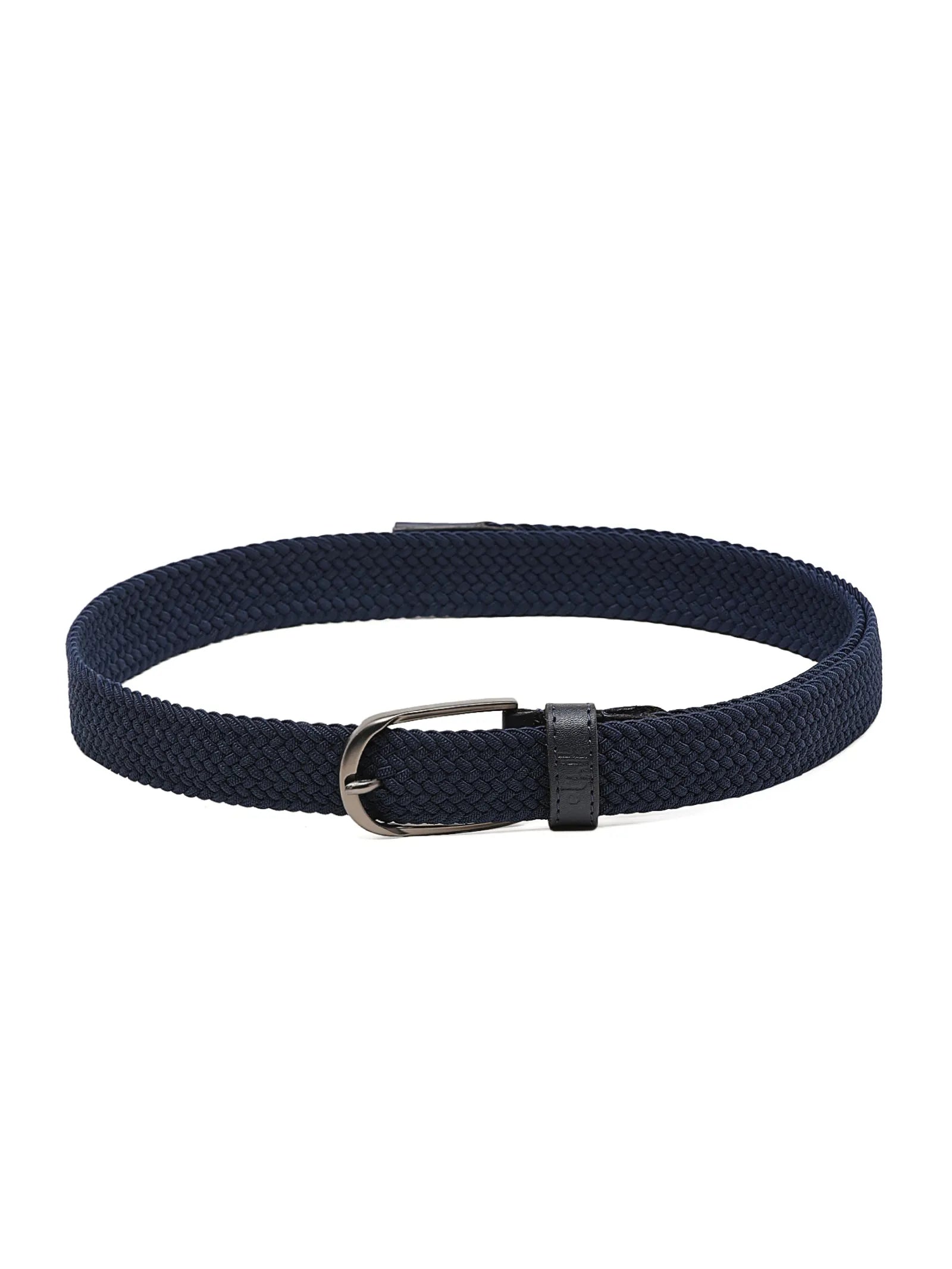 Navy blue belt with a silver buckle on a white background