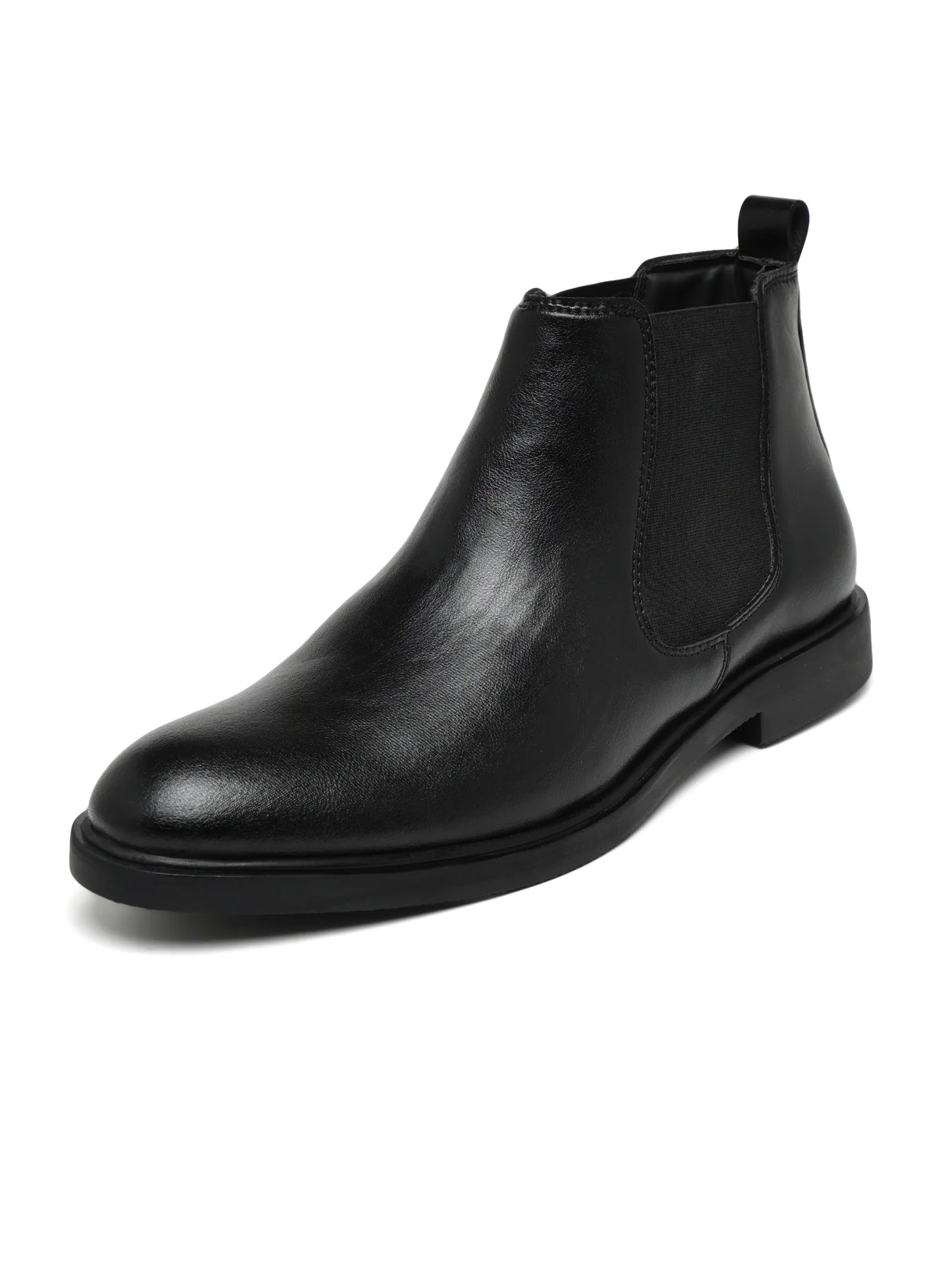 Black leather Chelsea boot on a white background