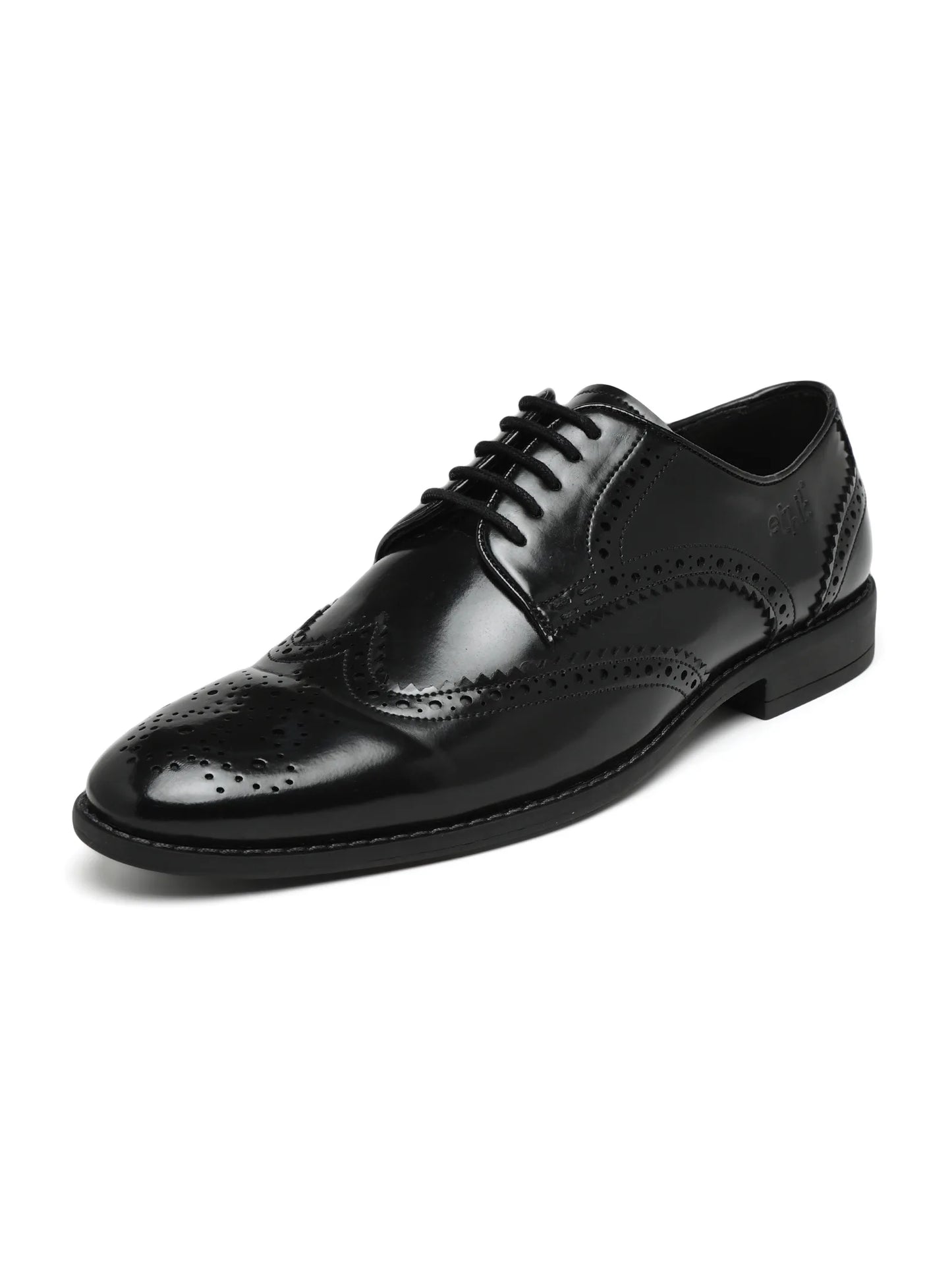Black leather dress shoe on a white background