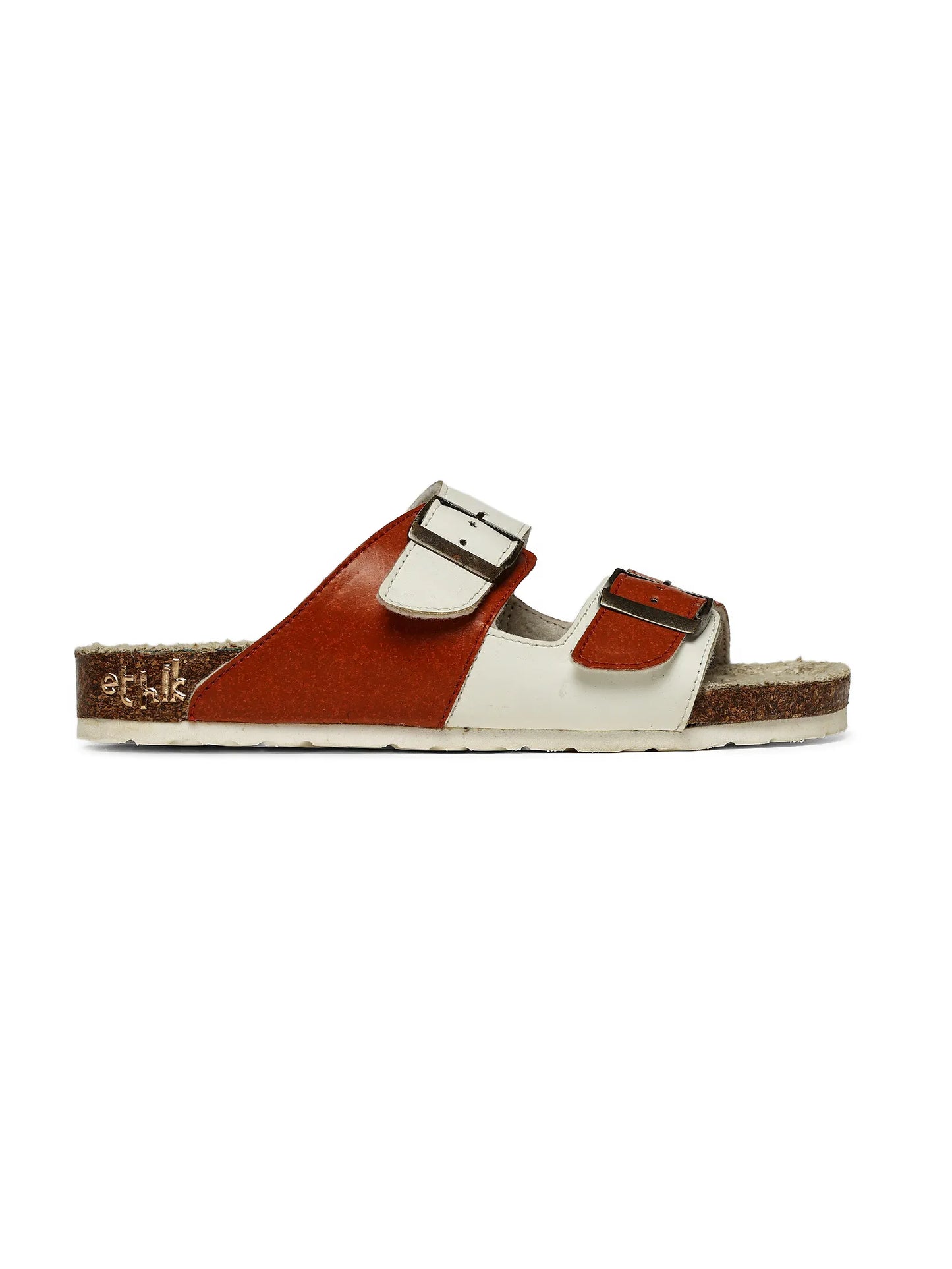 Brown and white sandal with double buckle on a white background