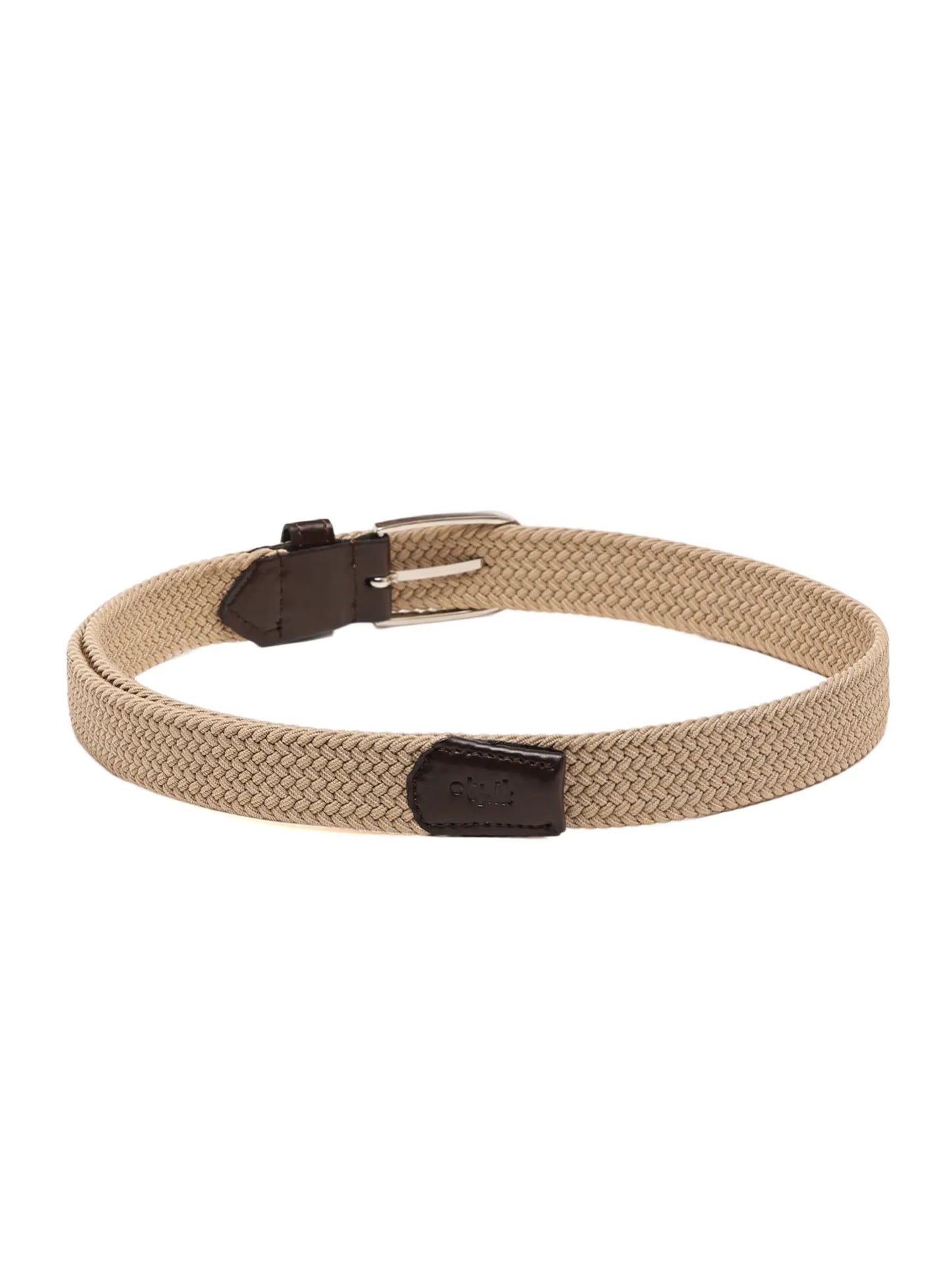 Beige belt with a black buckle on a white background