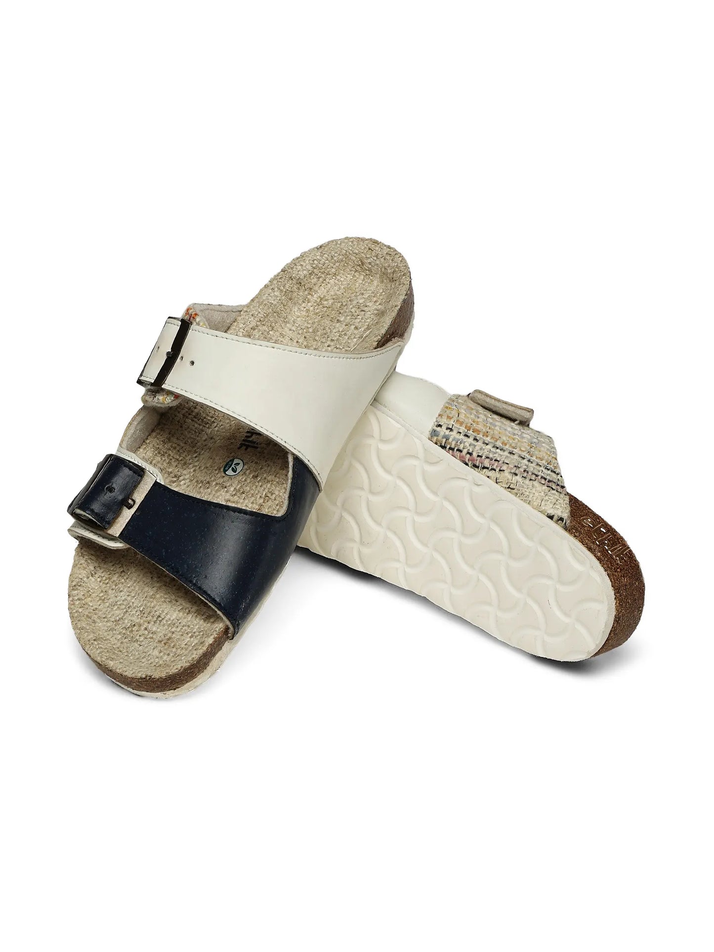 Pair of sandals with black buckle on a white background