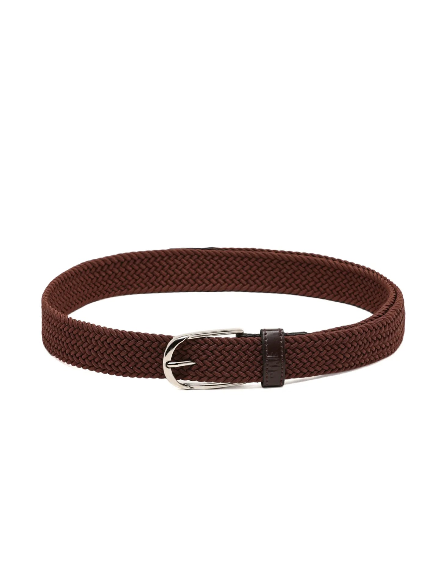 Brown woven belt with a silver buckle on a white background