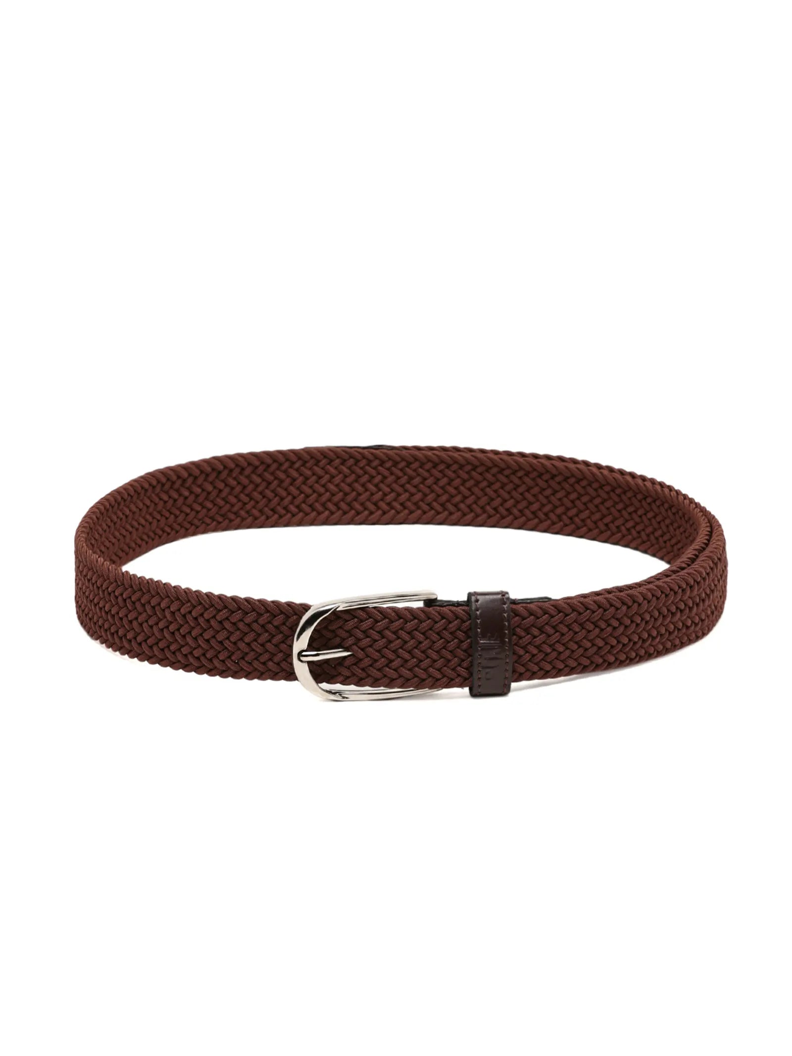 Brown woven belt with a silver buckle on a white background