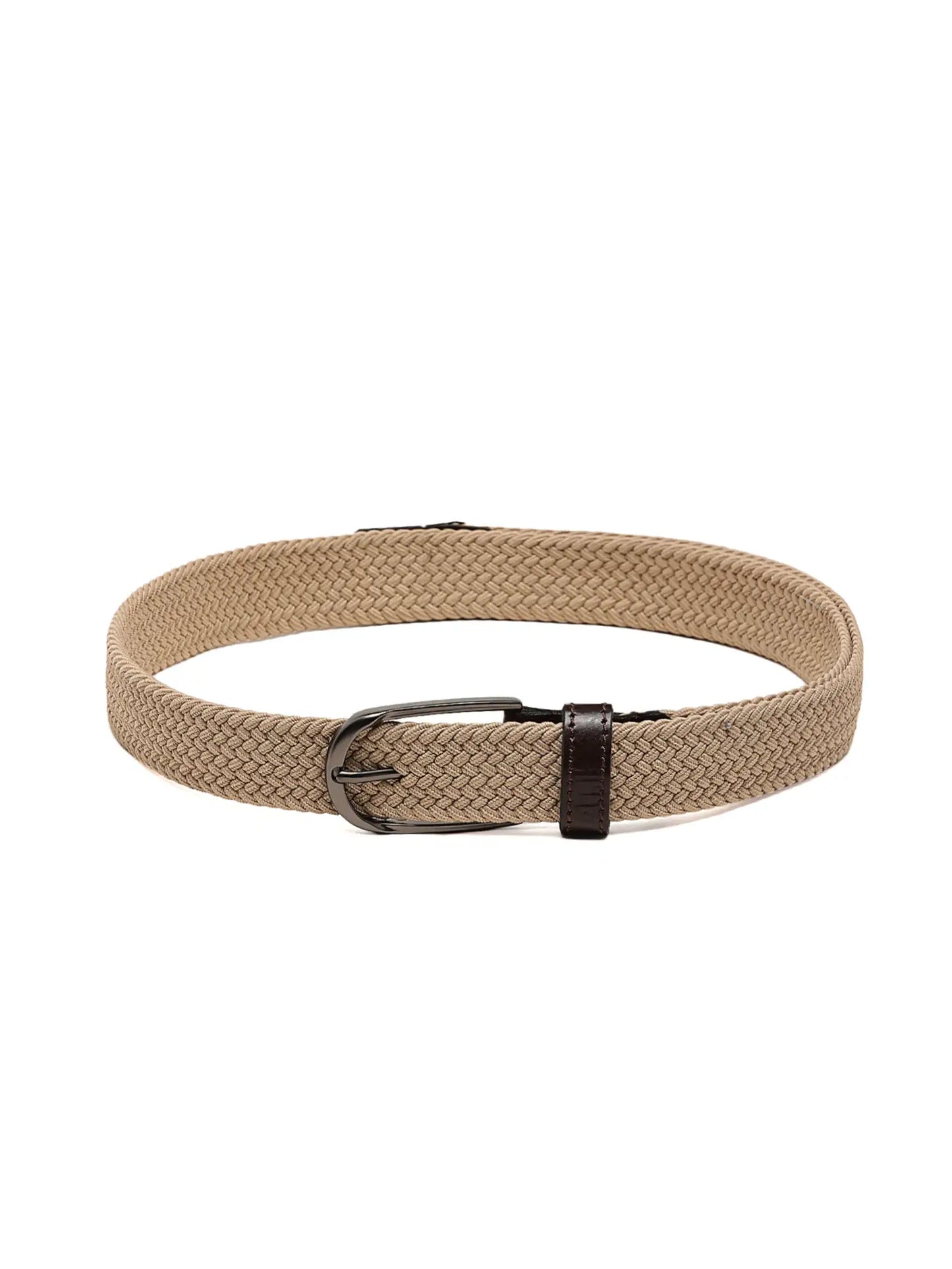 Beige belt with a black buckle on a white background