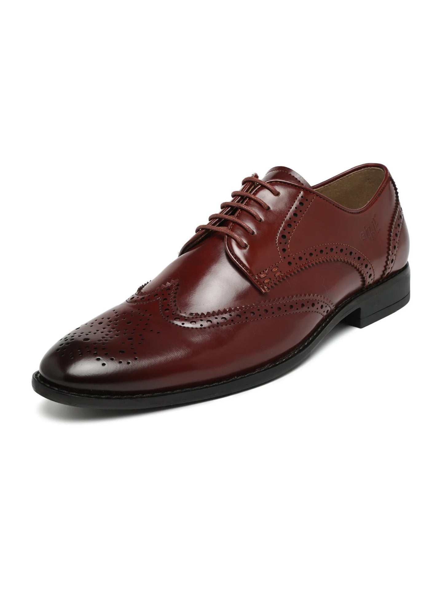 Brown leather dress shoe on a white background