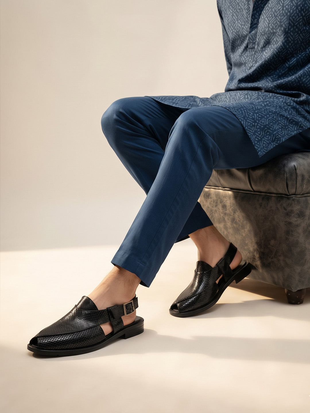 Ethik Jashn Textured Black Peshawari Sandal for Men
