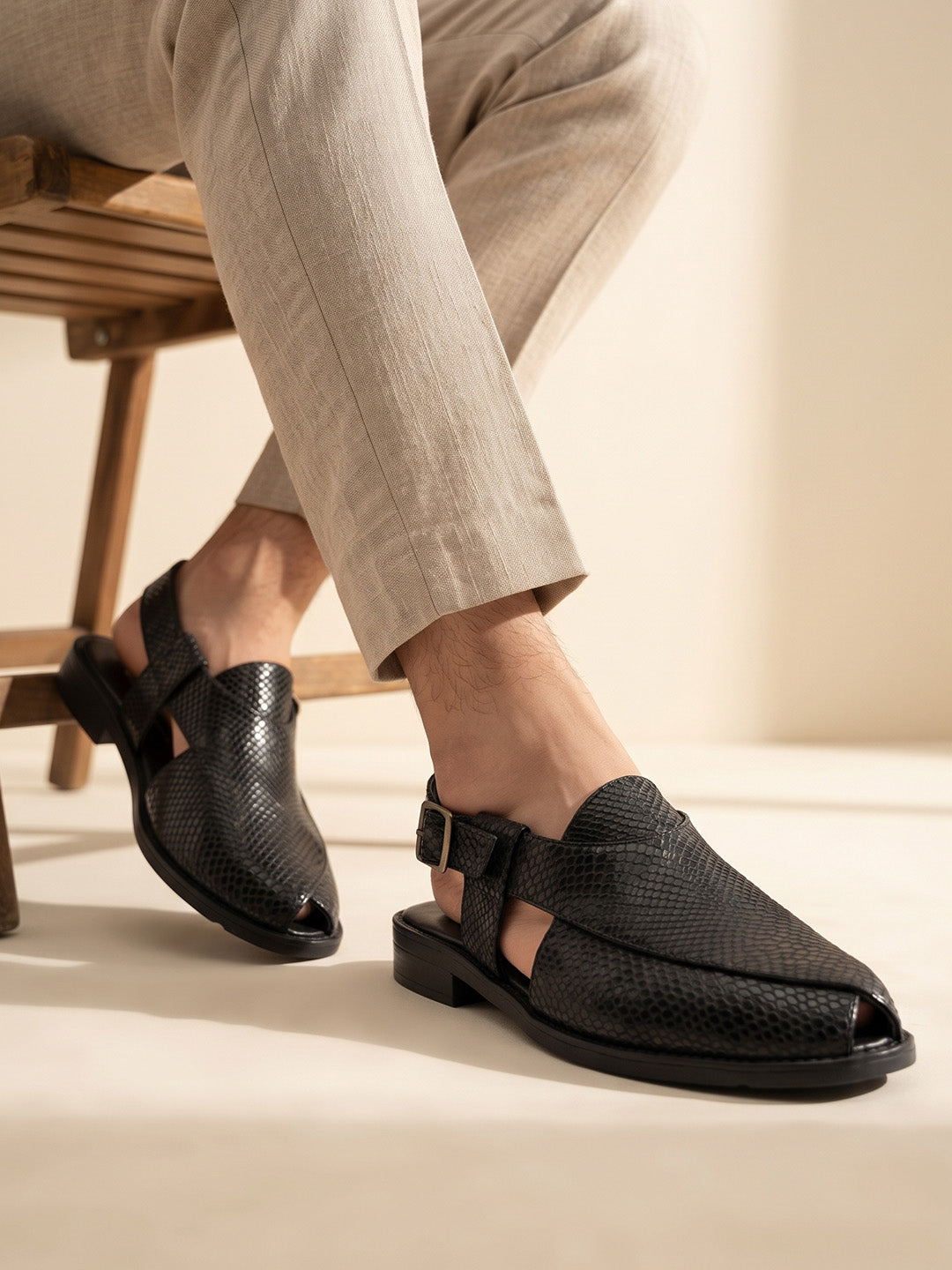 Ethik Jashn Textured Black Peshawari Sandal for Men