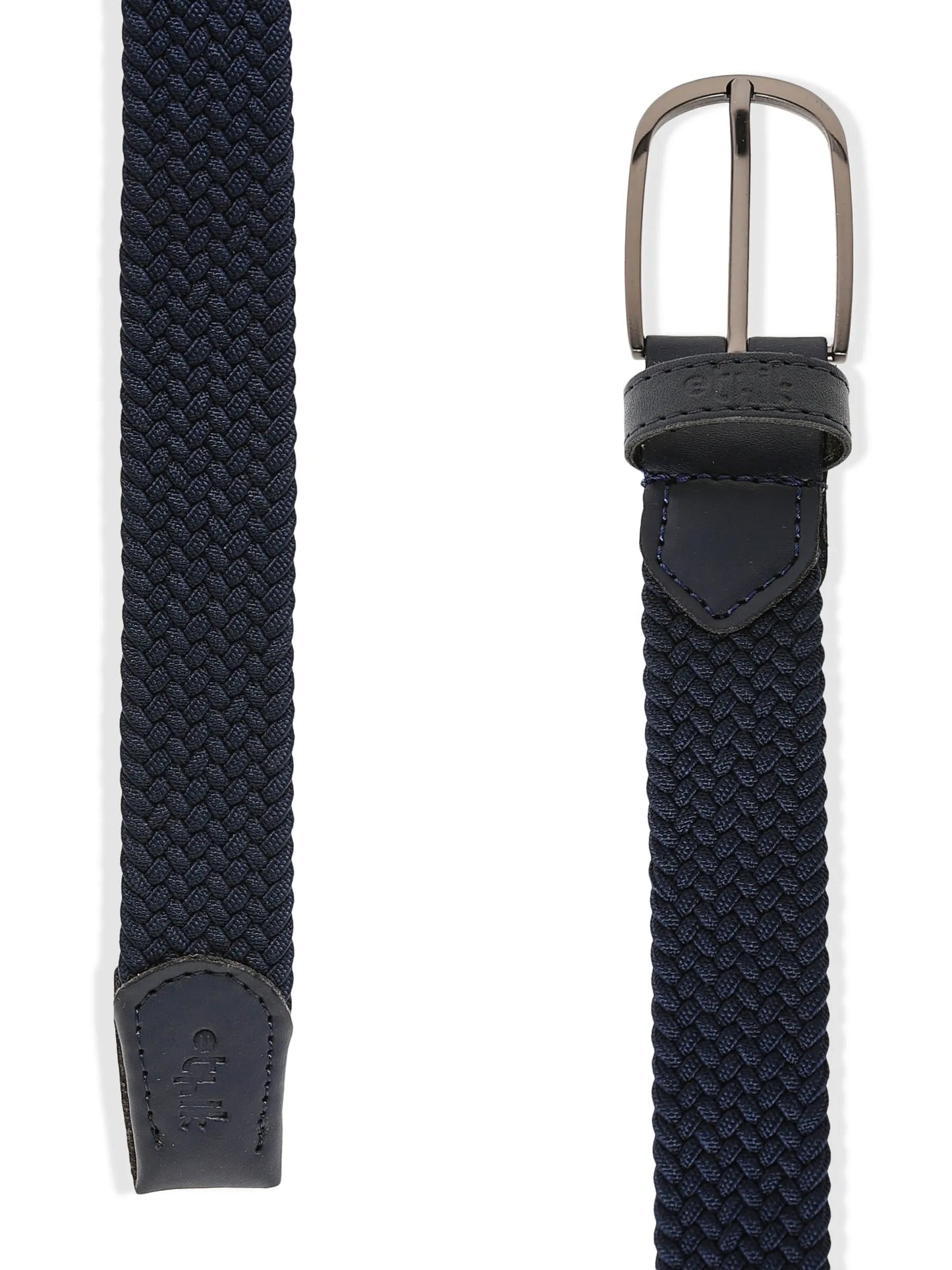 Navy blue woven belt with a silver buckle on a white background