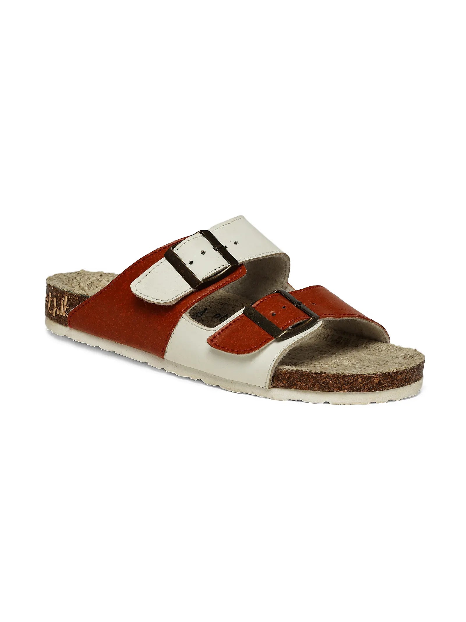 Brown and white sandal with two straps on a white background