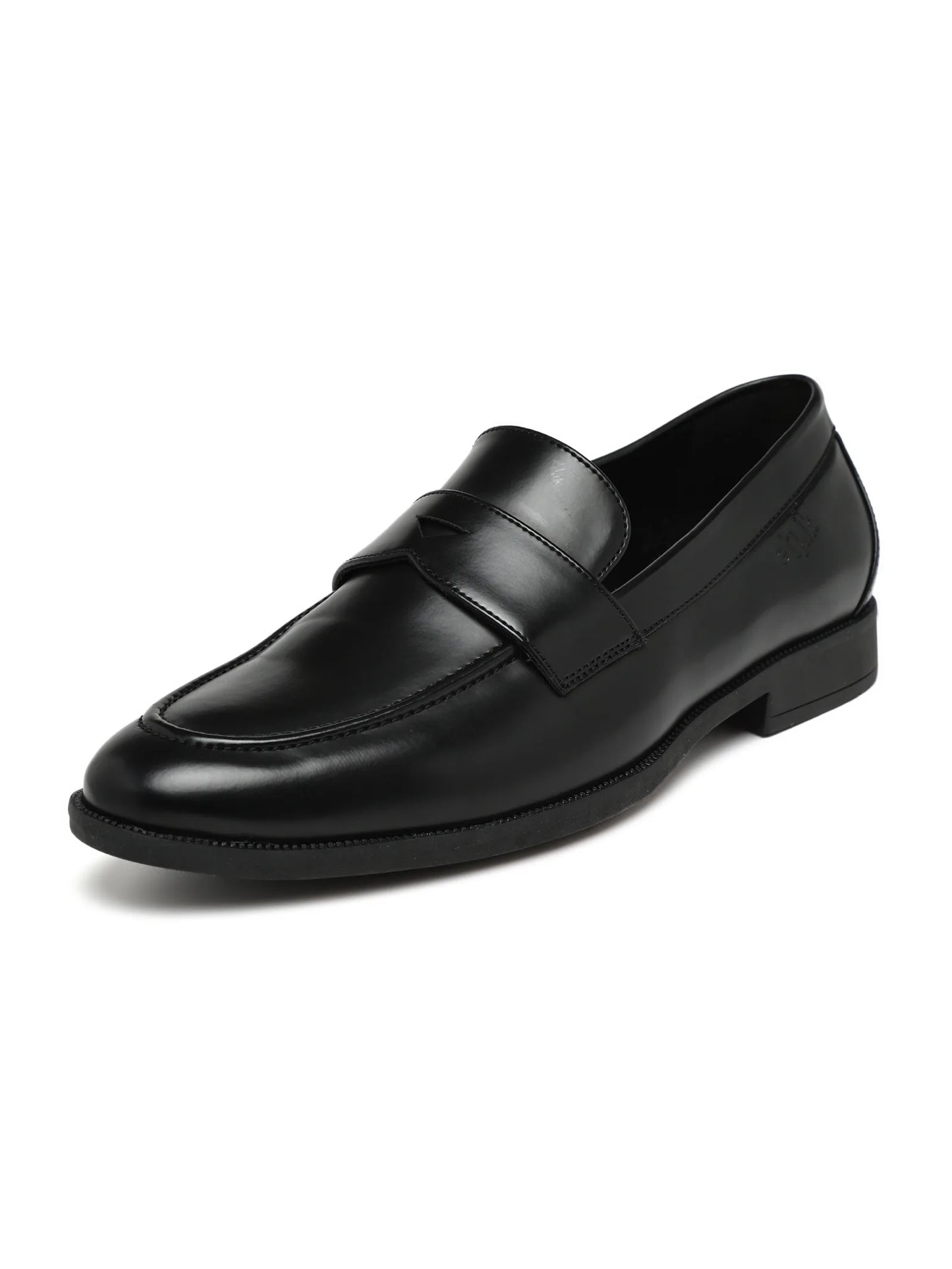 Black leather loafer shoe on a white background