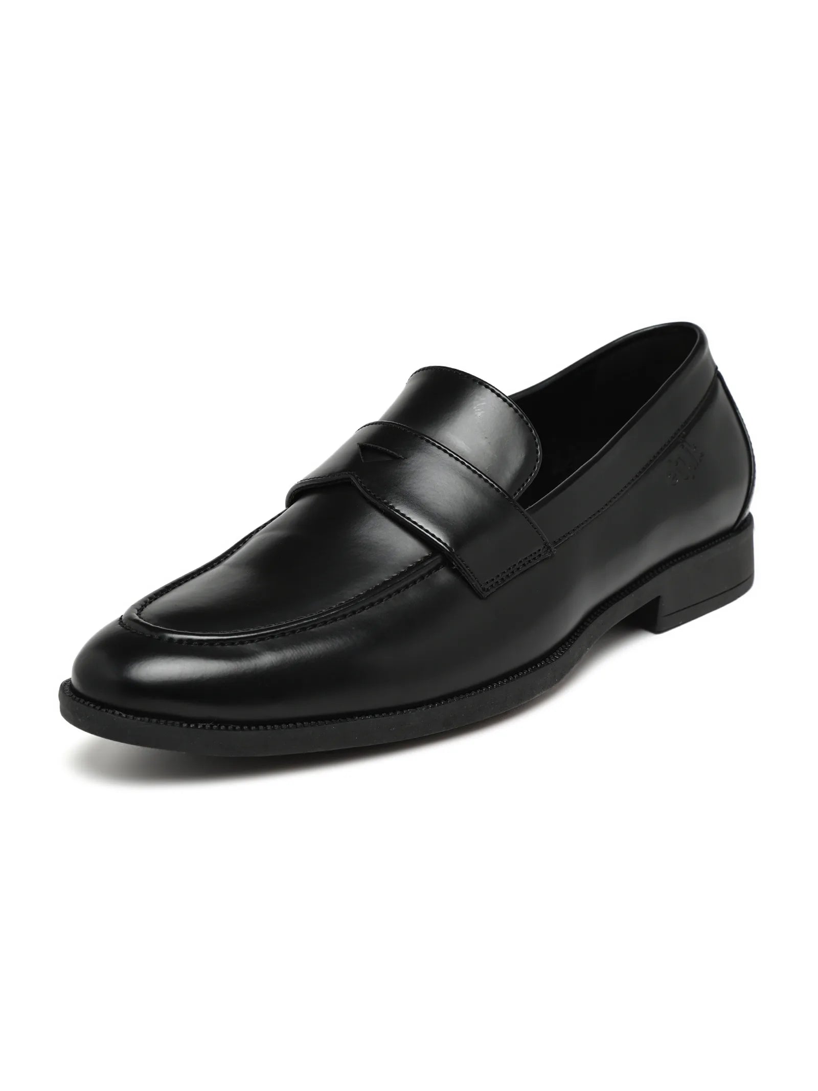 Black leather loafer shoe on a white background