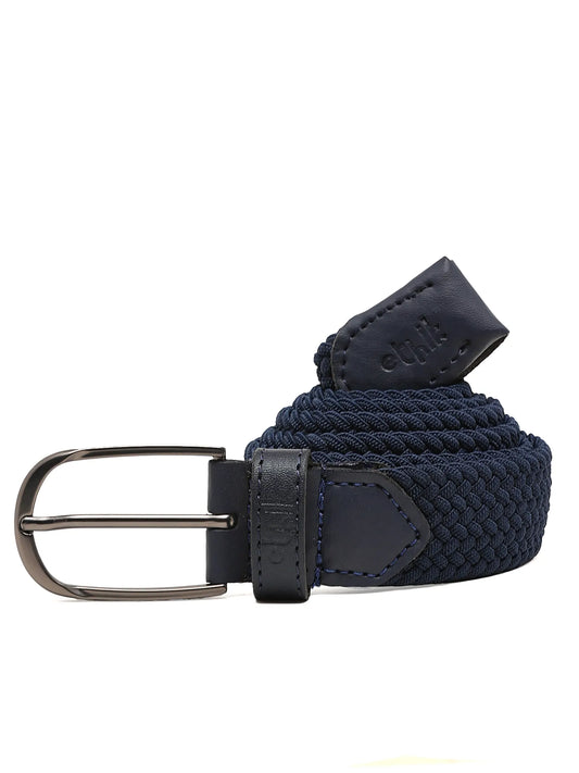 Navy blue braided belt with a silver buckle on a white background