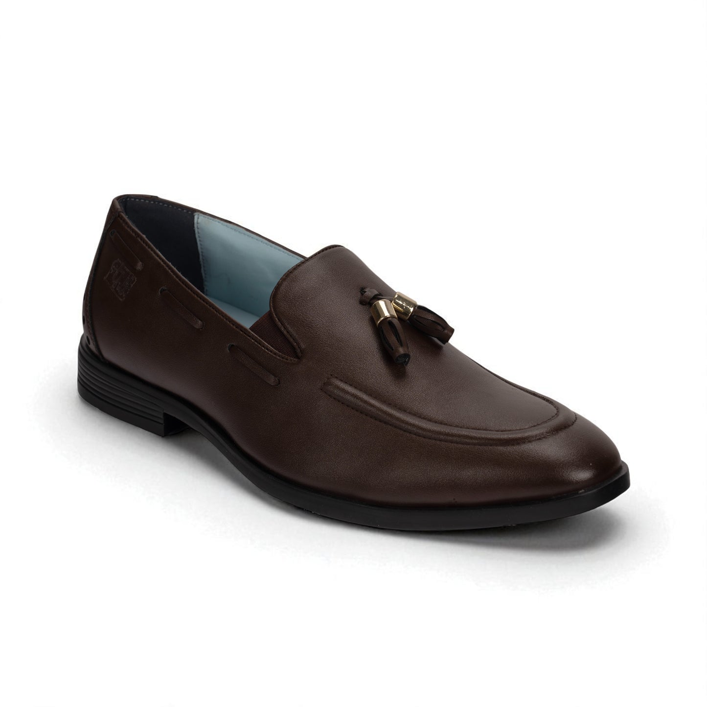 Brown loafer shoe with a tassel on a white background