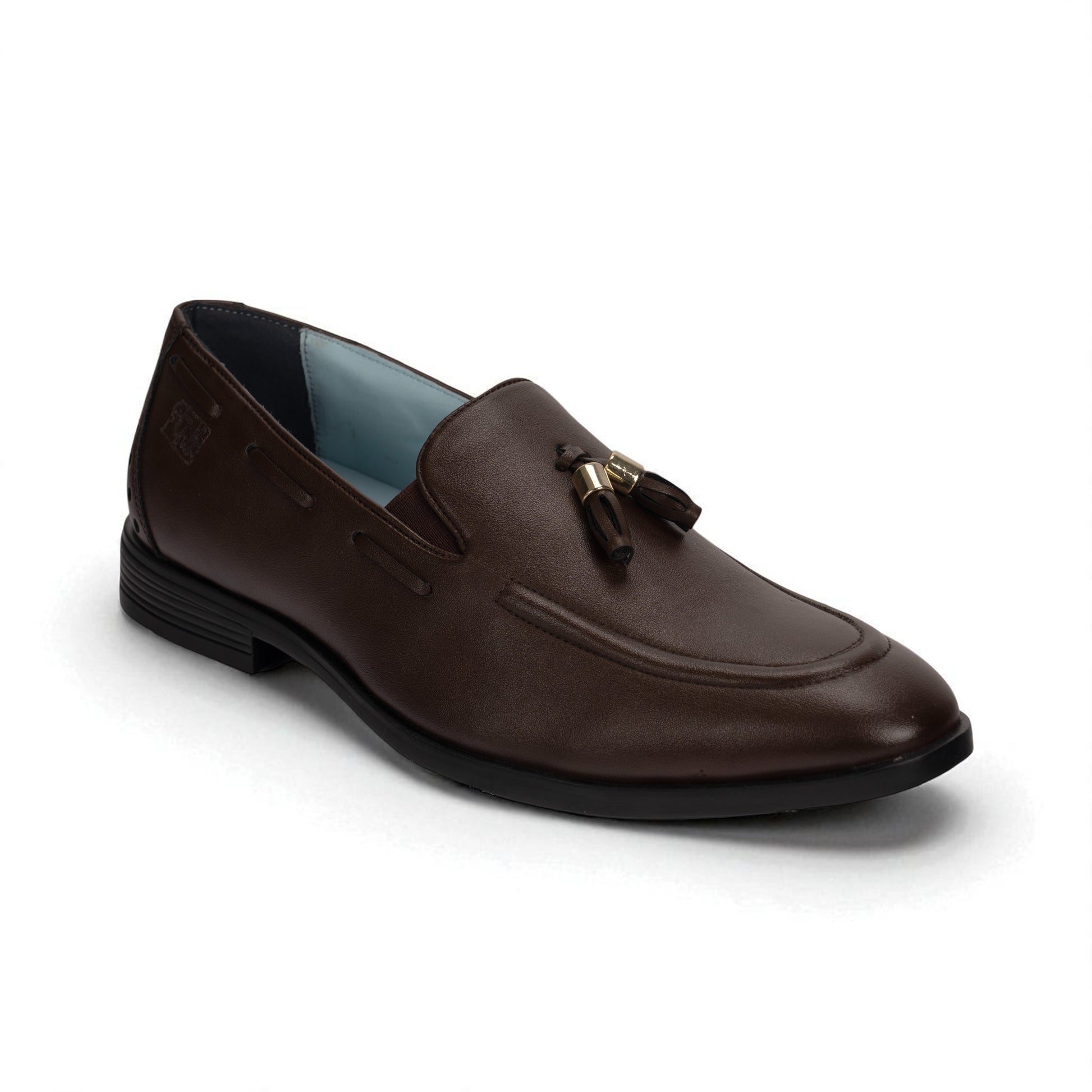Brown loafer shoe with a tassel on a white background
