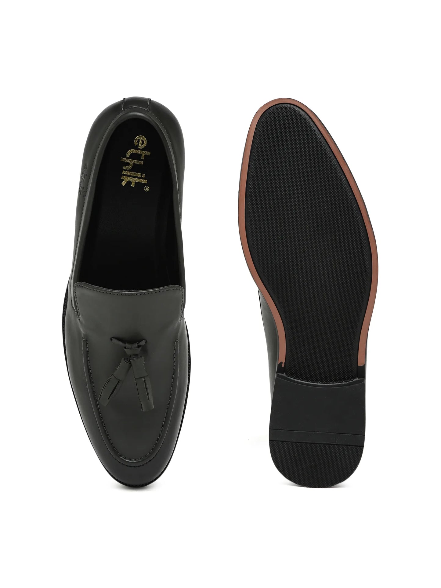 Black loafers with a brand logo on a white background