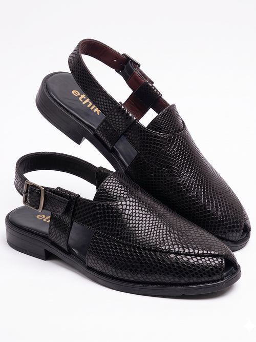 Ethik Jashn Textured Black Peshawari Sandal for Men