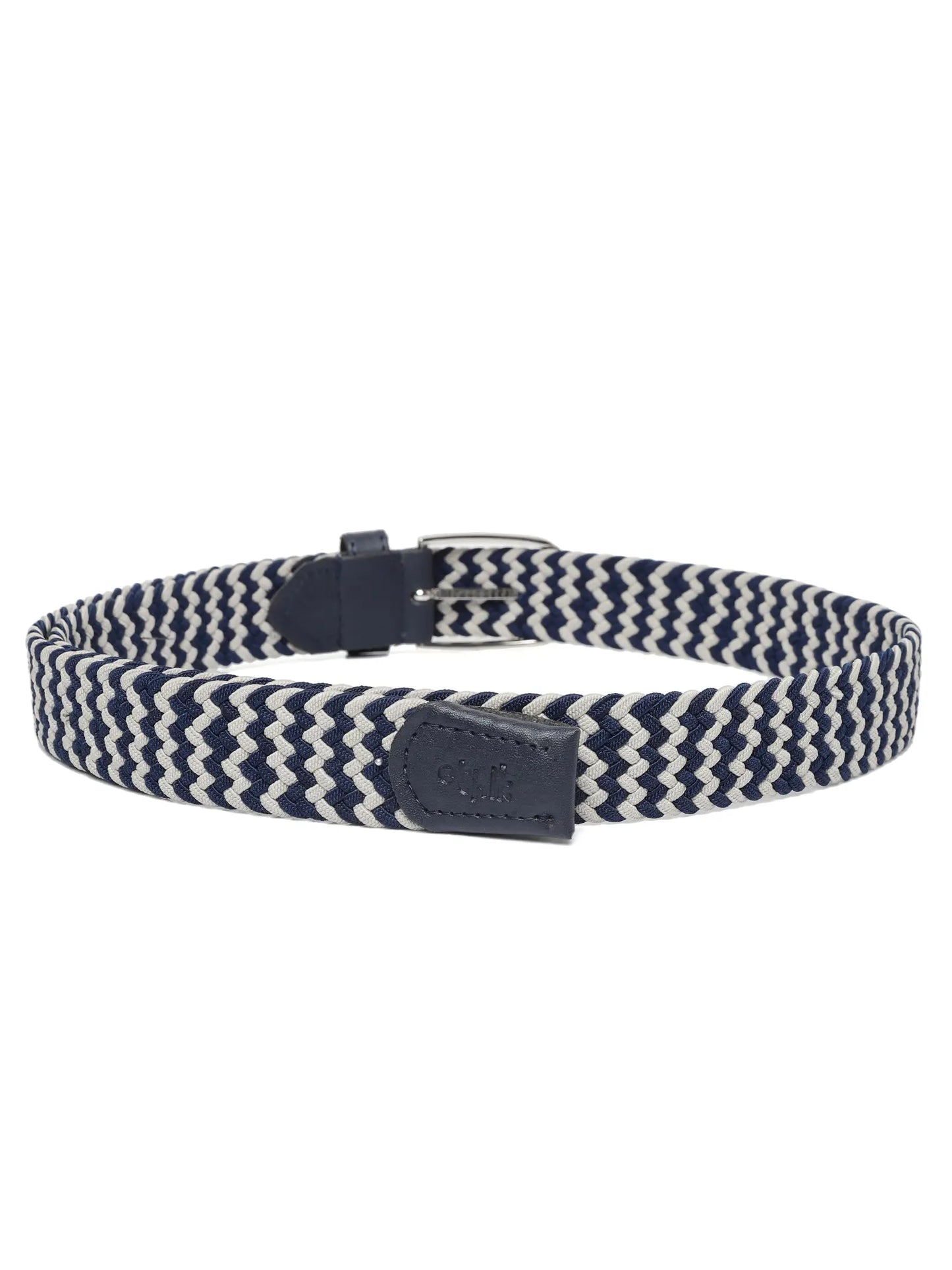Navy and white striped belt with a black buckle on a white background