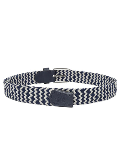 Navy and white striped belt with a black buckle on a white background